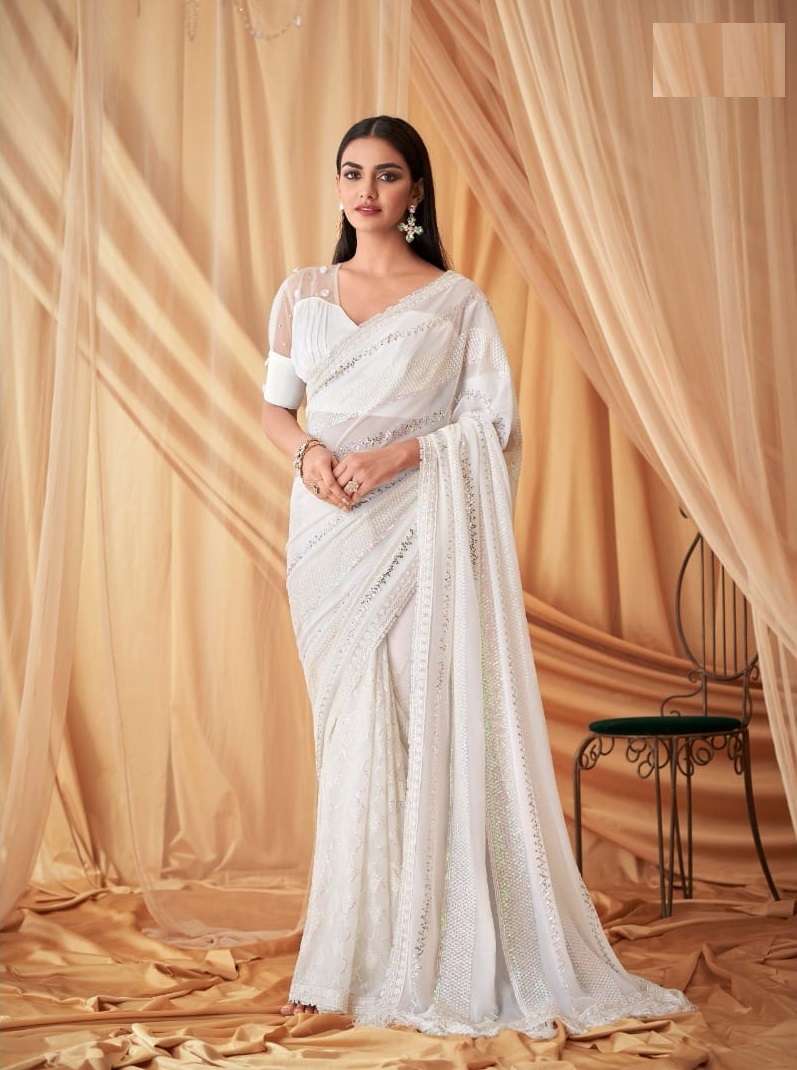 DESIGNER WEDDING PARTY WEAR GEORGETTE WHITE SAREE FOR WOMEN EXCLUSIVE COLLECTION SM TFH SPARKLE 7614