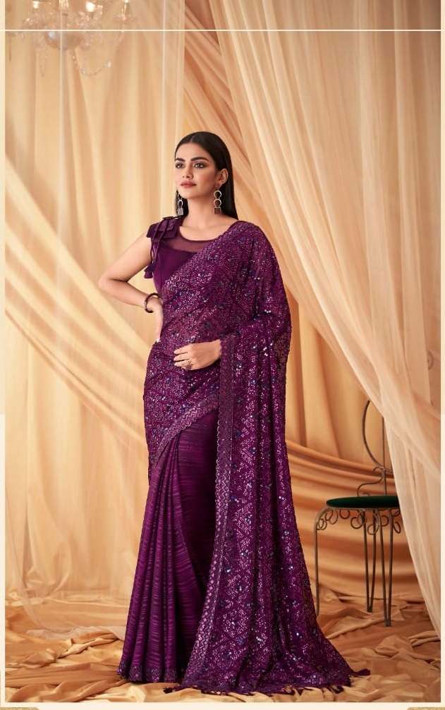 DESIGNER WEDDING PARTY WEAR GEORGETTE WINE SAREE FOR WOMEN EXCLUSIVE COLLECTION SM TFH SPARKLE 7613