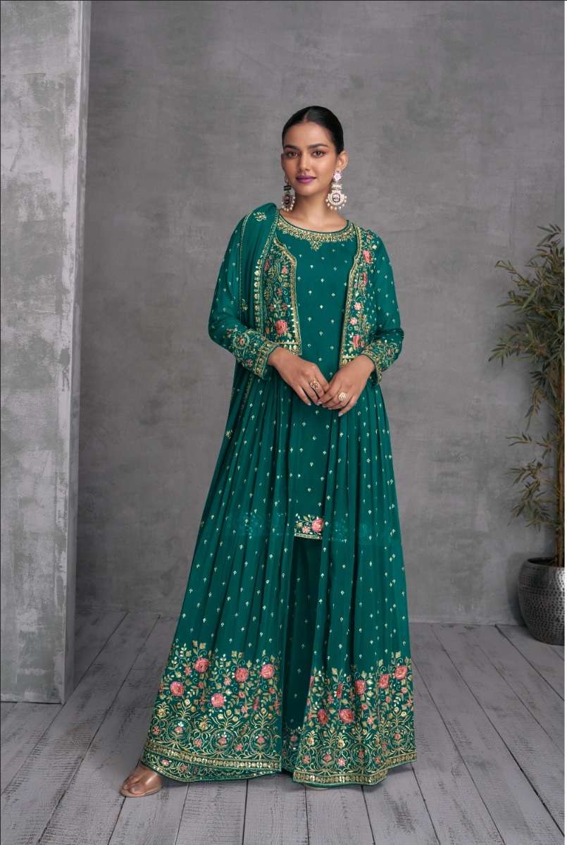 DESIGNER WEDDING PARTY WEAR GREEN KOTI JACKET STYLE SALWAR SUIT WITH SHARARA GL ZOHANA 7410C