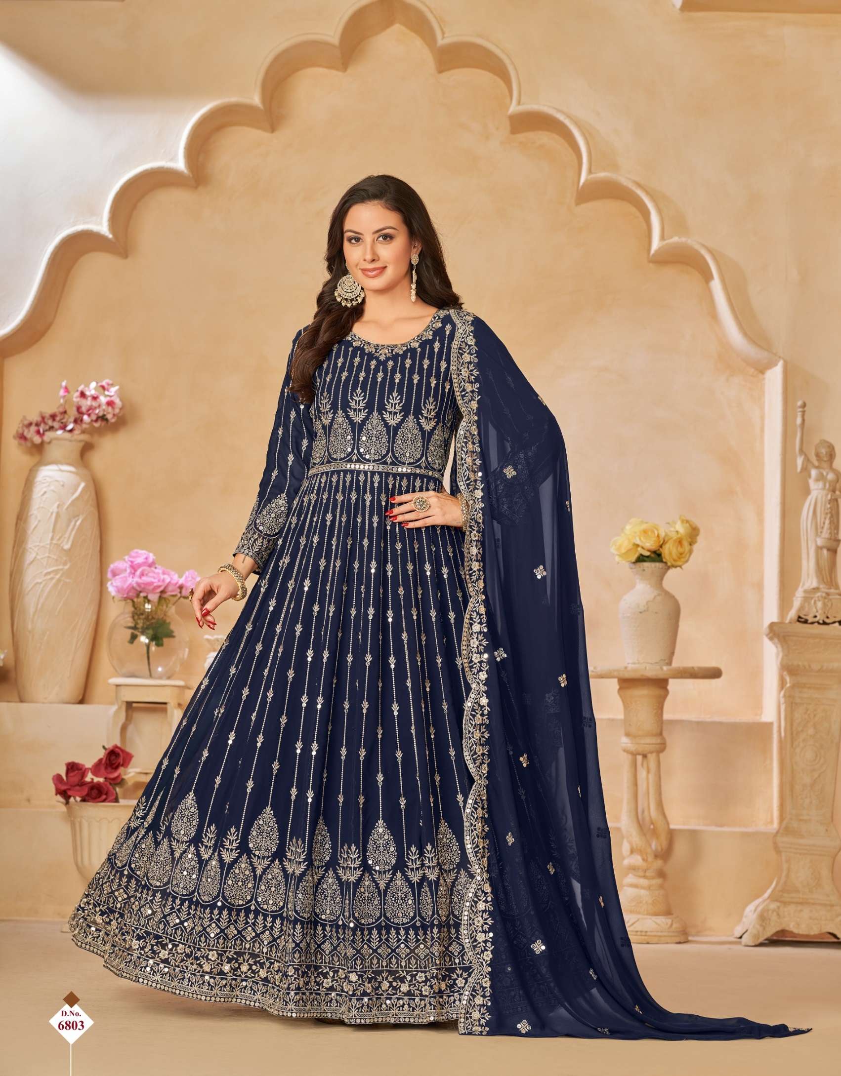 DESIGNER WEDDING PARTY WEAR HEAVY BLUE FAUX GEWORGETTE ANARKALI SALWAR SUIT GOWN WITH DUPATTA AF 6803