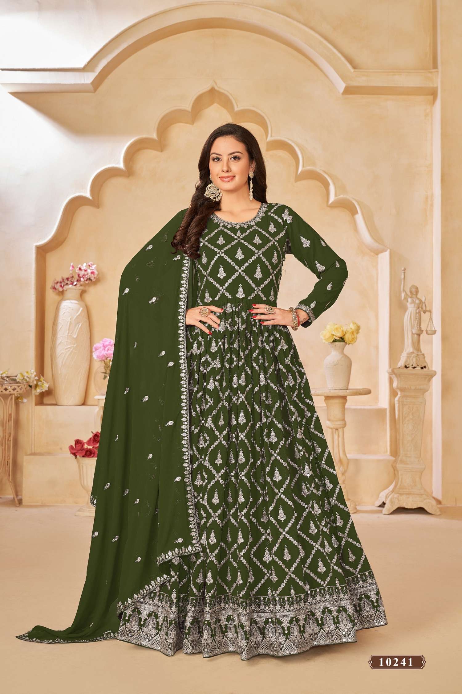 DESIGNER WEDDING PARTY WEAR HEAVY FAUX GEORGETTE GREEN ANARKALI SALWAR SUIT GOWN WITH DUPATTA ANY 10241