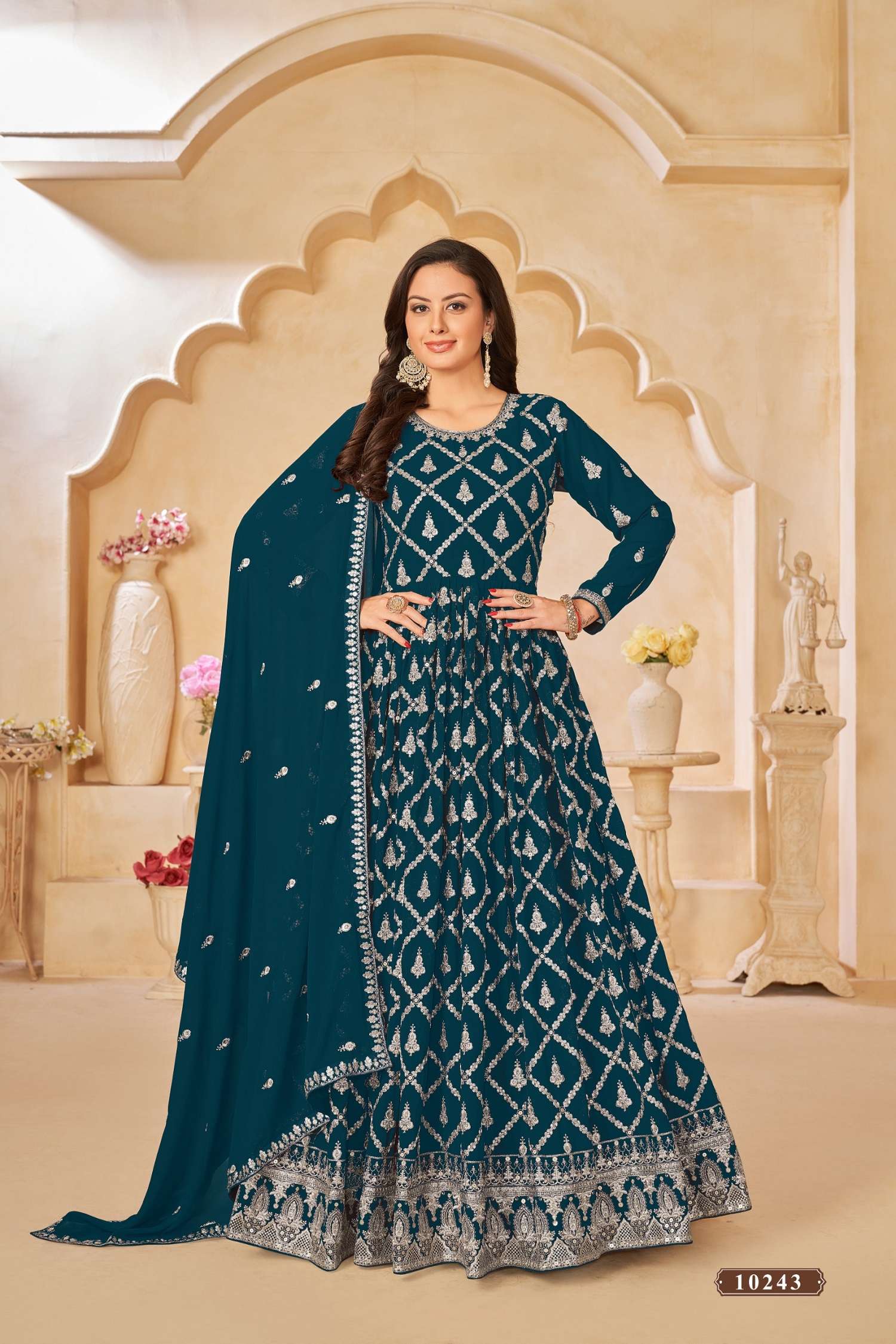 DESIGNER WEDDING PARTY WEAR HEAVY FAUX GEWORGETTE RAMA BLUE ANARKALI SALWAR SUIT GOWN WITH DUPATTA ANY 10243