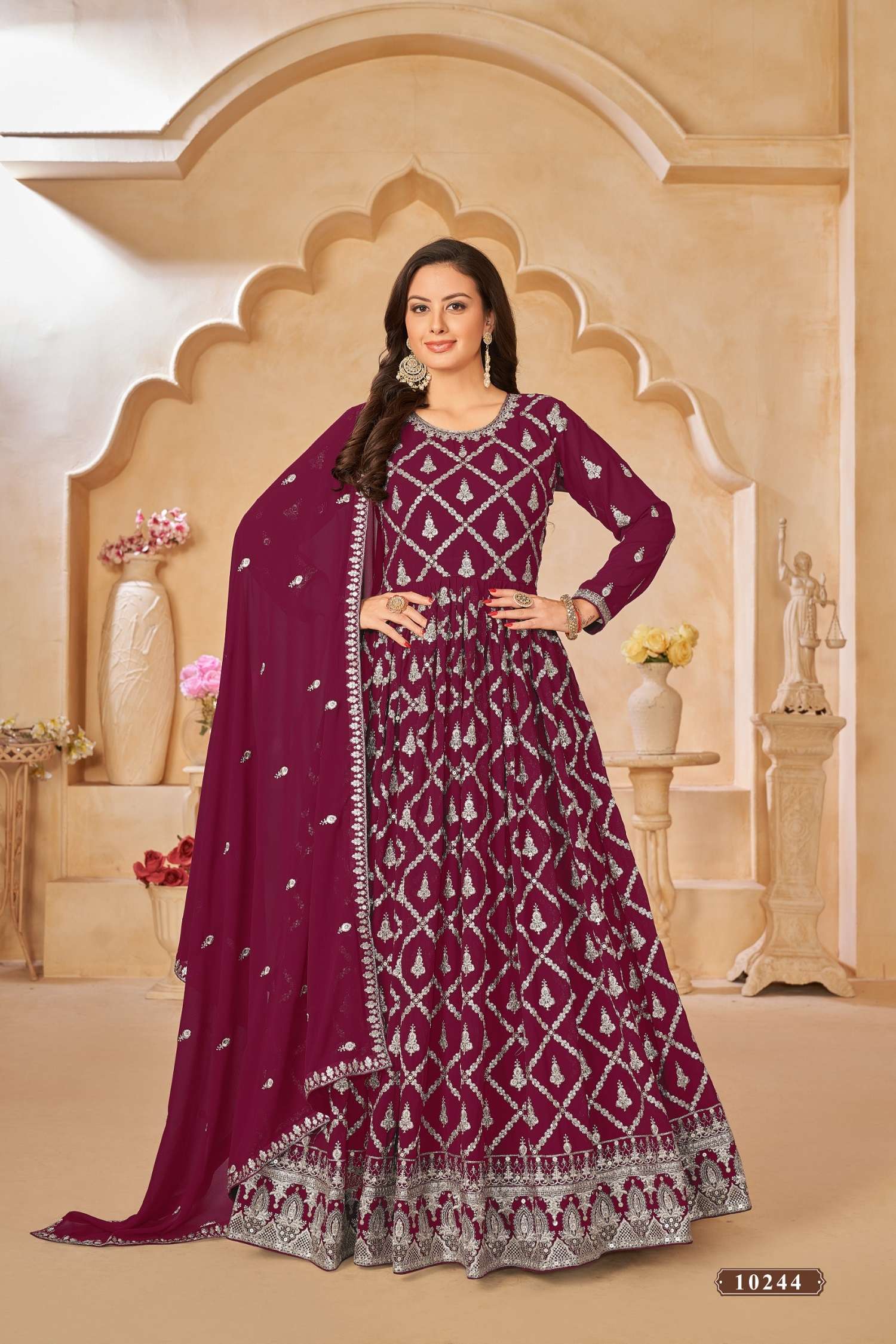 DESIGNER WEDDING PARTY WEAR HEAVY FAUX GEWORGETTE RANI PINK ANARKALI SALWAR SUIT GOWN WITH DUPATTA ANY 10244