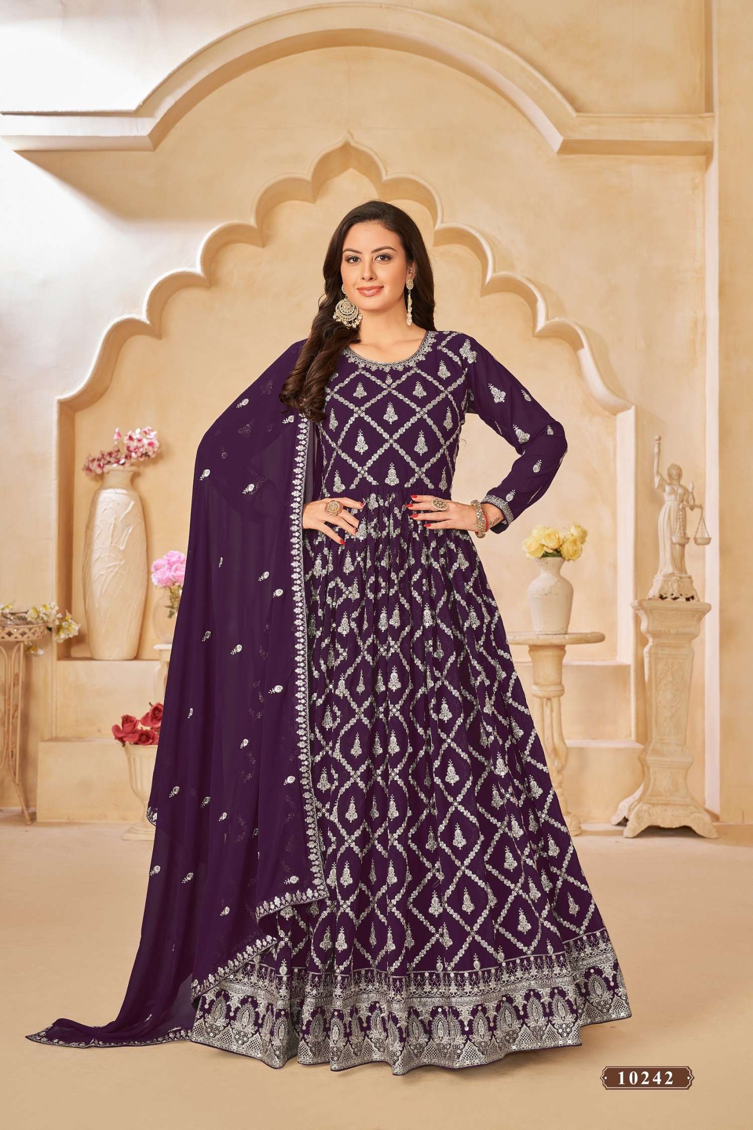 DESIGNER WEDDING PARTY WEAR HEAVY FAUX GEWRGETTE PURPLE ANARKALI SALWAR SUIT GOWN WITH DUPATTA ANY 10242