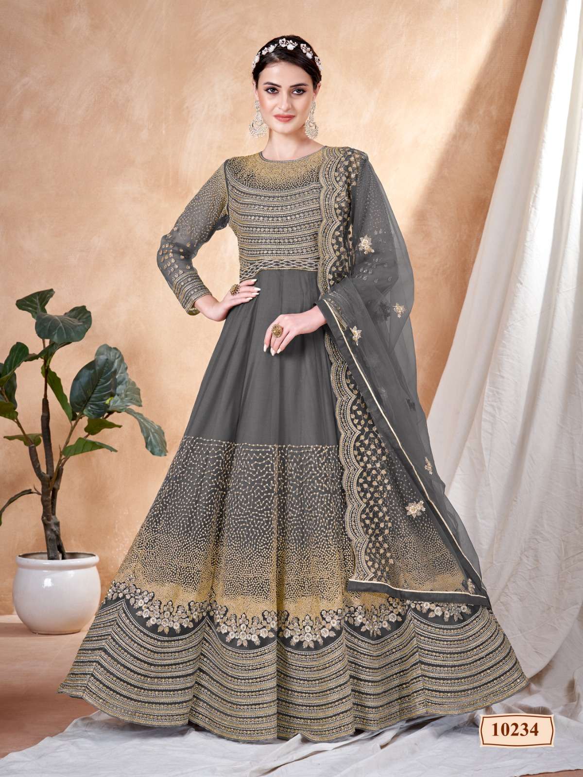 DESIGNER WEDDING PARTY WEAR HEAVY GREY NET ANARKALI SALWAR SUIT GOWN WITH DUPATTA ANJB 10234