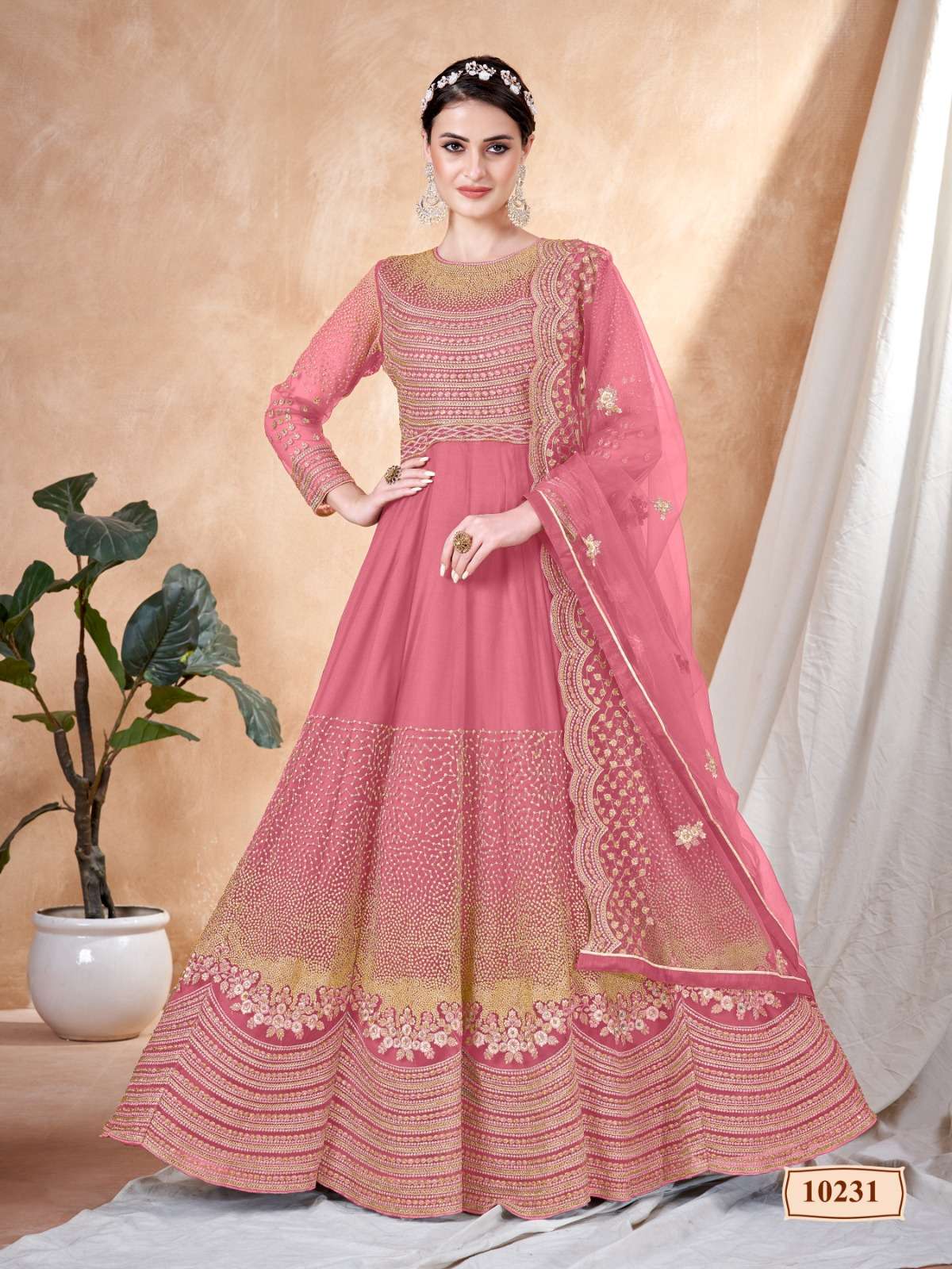 DESIGNER WEDDING PARTY WEAR HEAVY PINK NET ANARKALI SALWAR SUIT GOWN WITH DUPATTA ANJB 10231