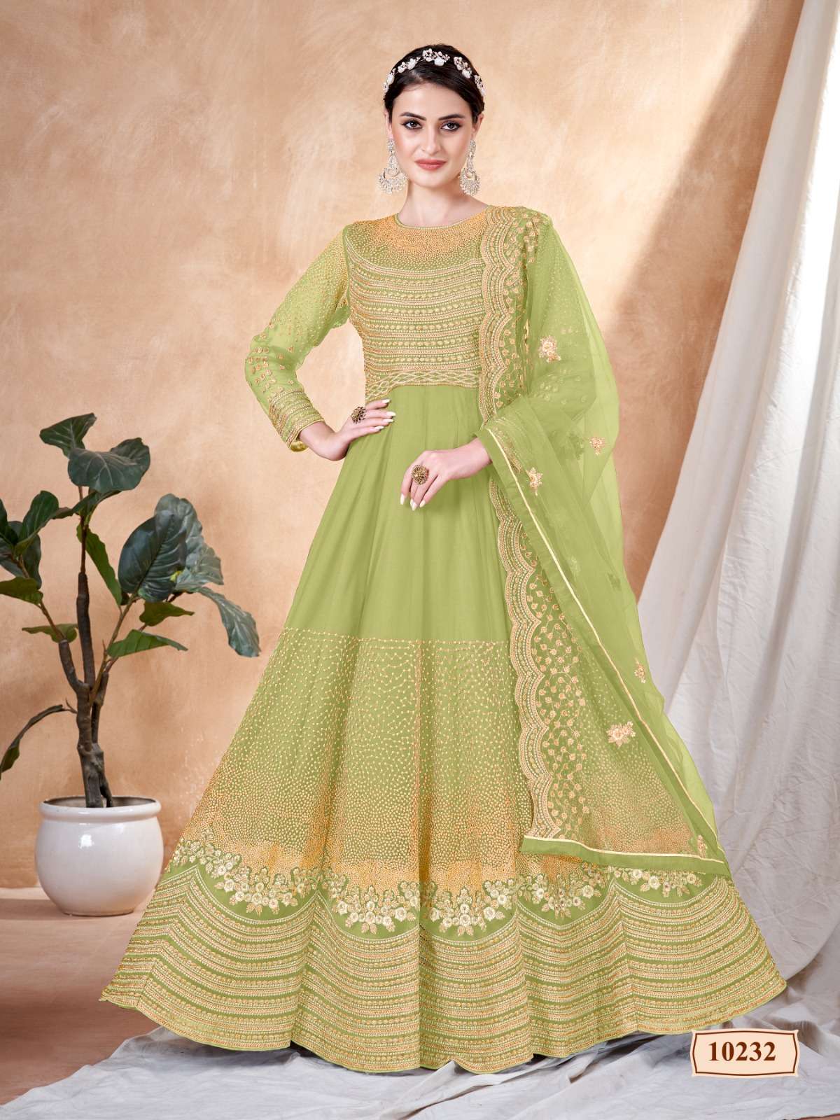 DESIGNER WEDDING PARTY WEAR HEAVY PISTA NET ANARKALI SALWAR SUIT GOWN WITH DUPATTA ANJB 10232