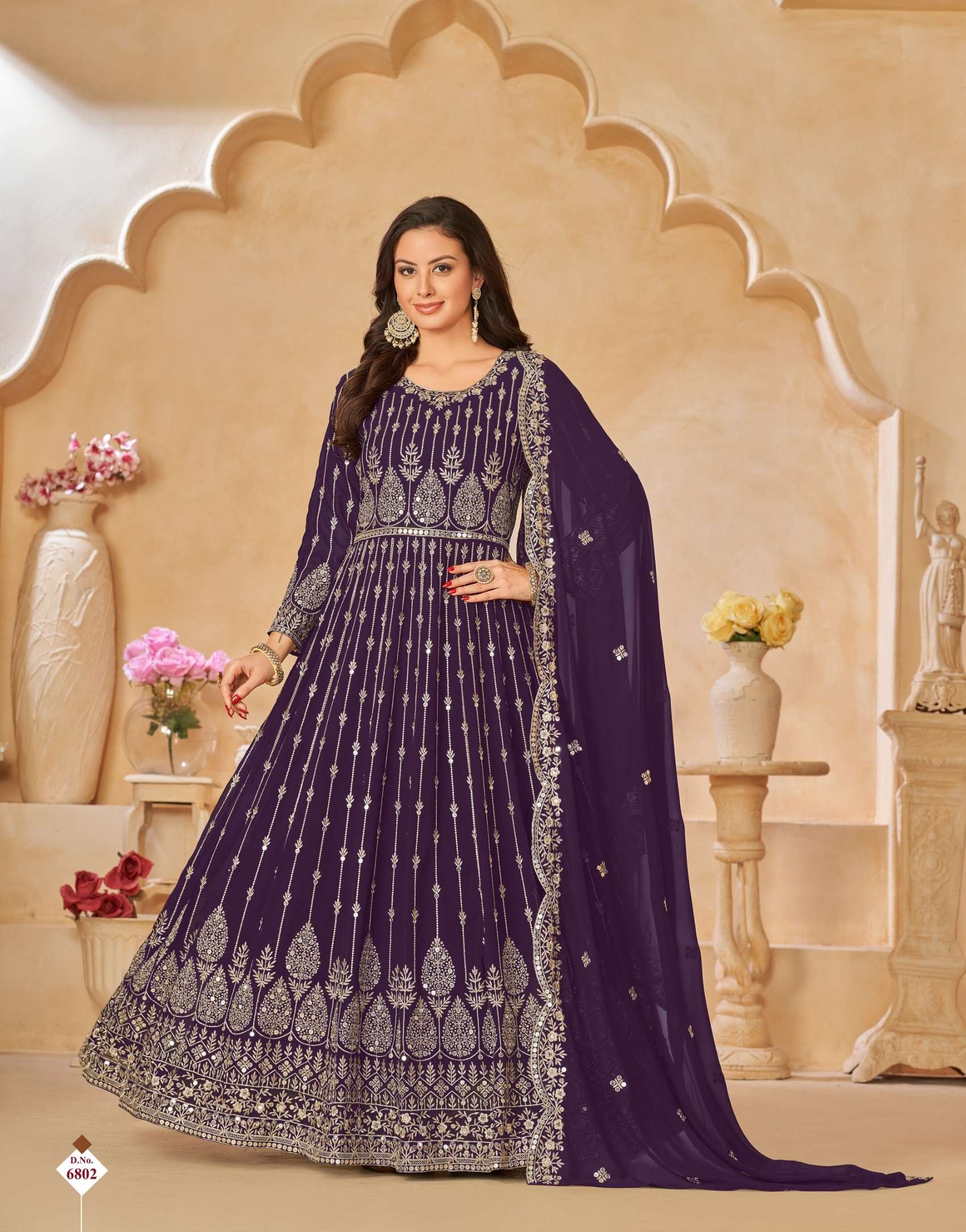 DESIGNER WEDDING PARTY WEAR HEAVY PURPLE FAUX GEWORGETTE ANARKALI SALWAR SUIT GOWN WITH DUPATTA AF 6802