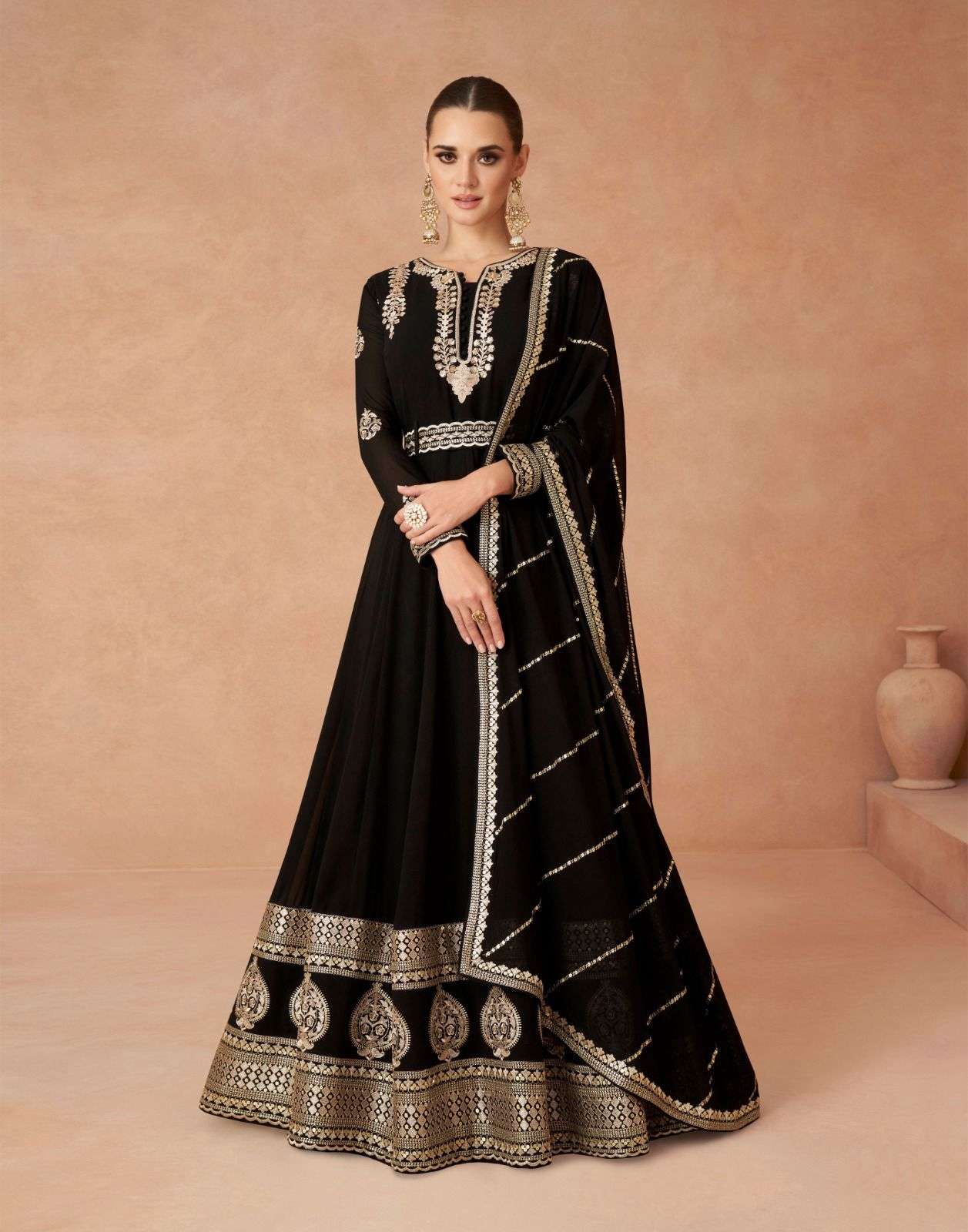 DESIGNER WEDDING PARTY WEAR HEAVY REAL GEORGETTE BLACK ANARKALI SALWAR SUIT GOWN WITH DUPATTA AF ANDAZ 9811