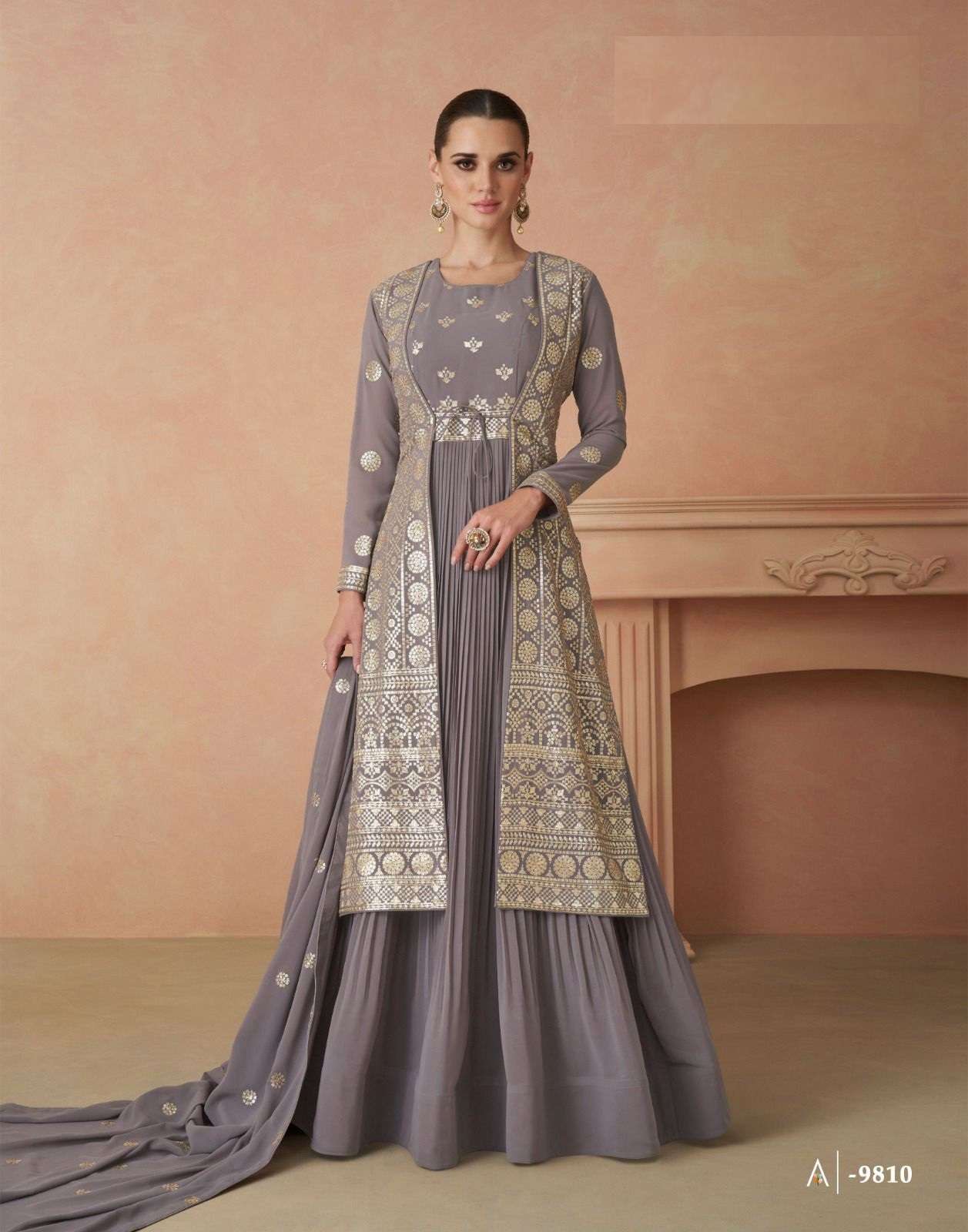 DESIGNER WEDDING PARTY WEAR HEAVY REAL GEORGETTE GREY ANARKALI SALWAR SUIT GOWN WITH DUPATTA AF ANDAZ 9810