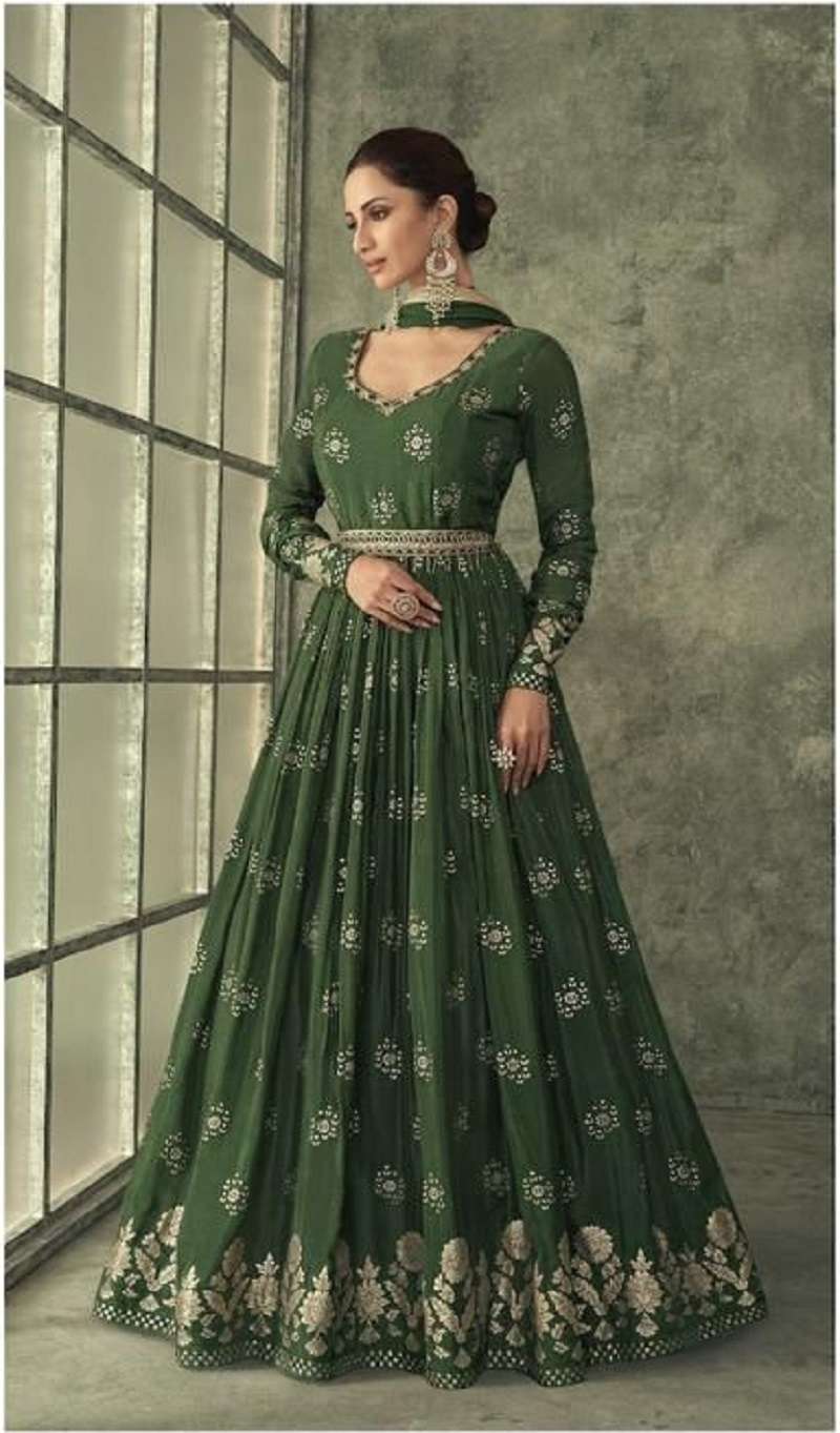 DESIGNER WEDDING PARTY WEAR HEAVY SILK GREEN ANARKALI SALWAR SUIT GOWN WITH DUPATTA AF SHINE GOLD 5253A