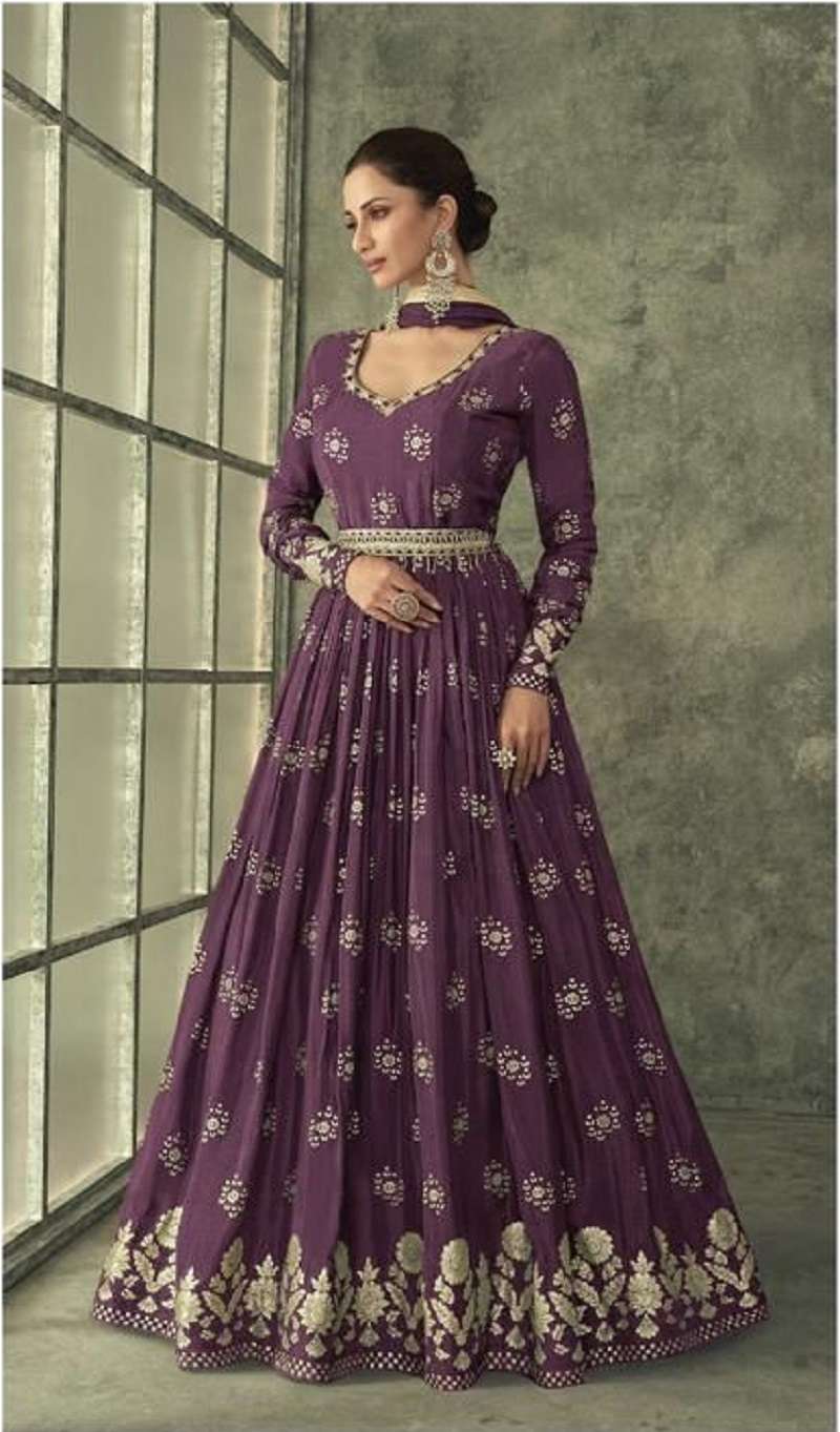 DESIGNER WEDDING PARTY WEAR HEAVY SILK WINE ANARKALI SALWAR SUIT GOWN WITH DUPATTA AF SHINE GOLD 5253B