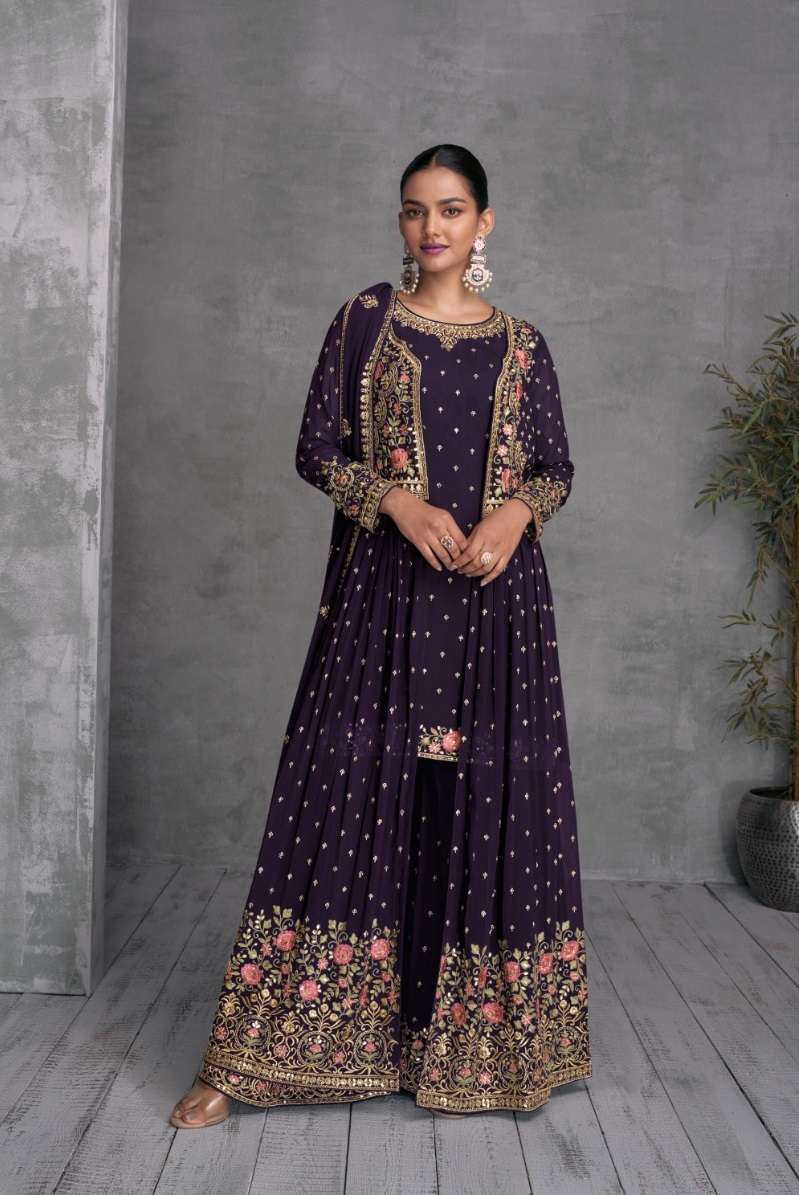 DESIGNER WEDDING PARTY WEAR KOTI PURPLE JACKET STYLE SALWAR SUIT WITH SHARARA GL ZOHANA 7410B