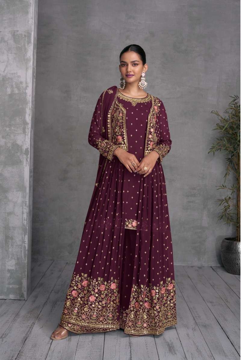 DESIGNER WEDDING PARTY WEAR MAGENTA KOTI JACKET STYLE SALWAR SUIT WITH SHARARA GL ZOHANA 7410A