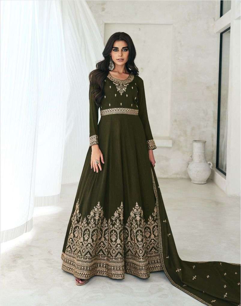 DESIGNER WEDDING PARTY WEAR MAHENDI PREMIUM SILK ANARKALI SALWAR SUIT GOWN WITH DUPATTA AF BELA 9769