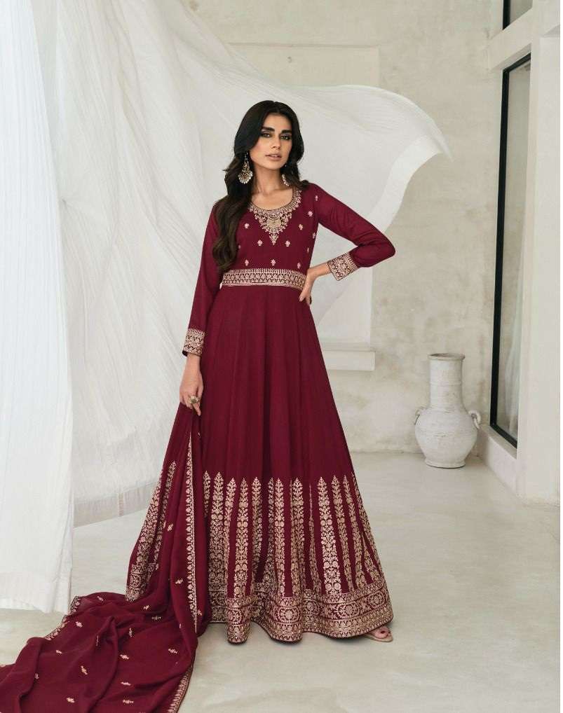 DESIGNER WEDDING PARTY WEAR MAROON PREMIUM SILK ANARKALI SALWAR SUIT GOWN WITH DUPATTA AF BELA 9768