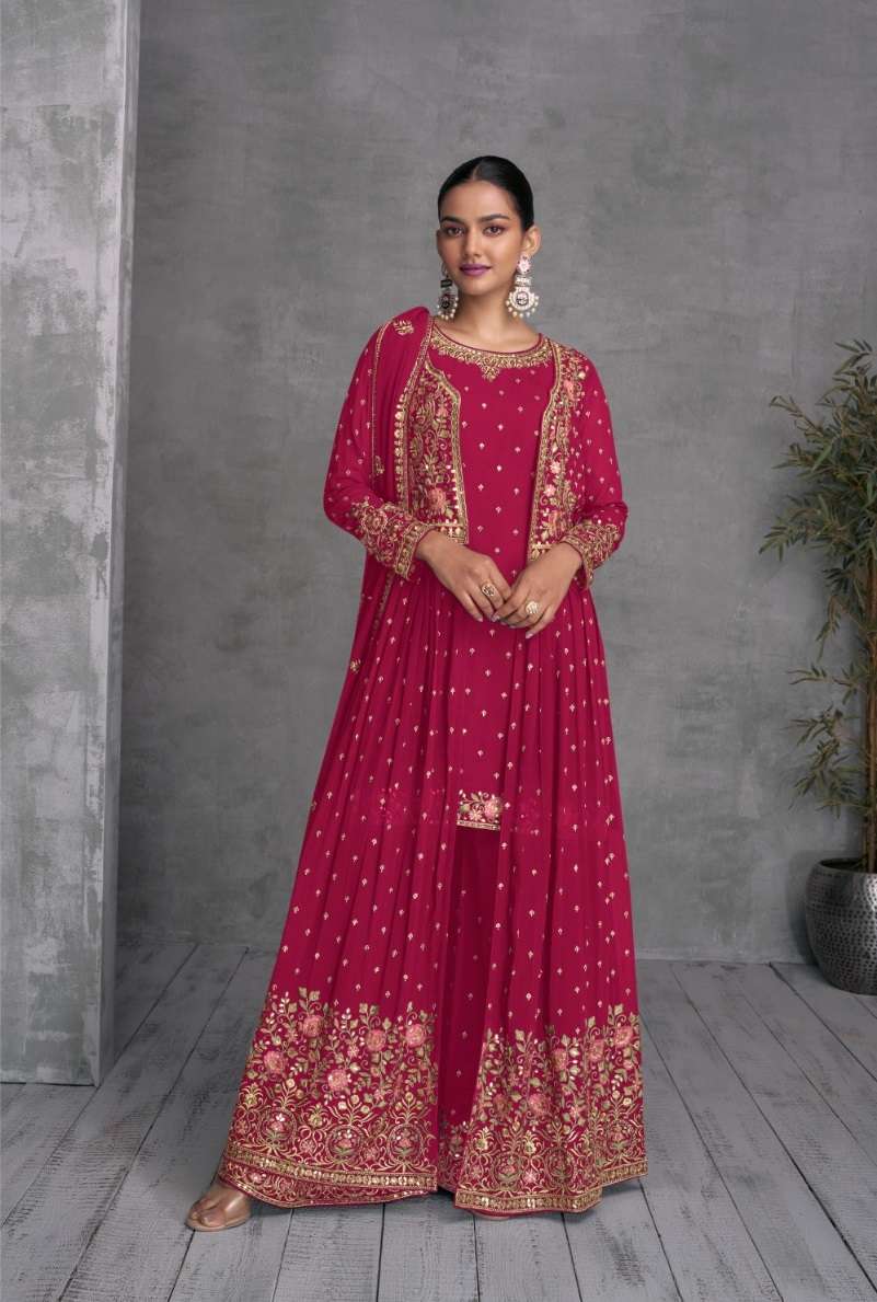 DESIGNER WEDDING PARTY WEAR RANI PINK KOTI JACKET STYLE SALWAR SUIT WITH SHARARA GL ZOHANA 7410D