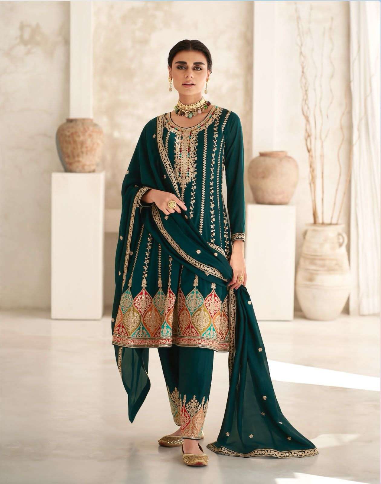 DESIGNER WEDDING PARTY WEAR SILK FANCY GREEN STRAIGHT INDAIN PAKISTANI SALWAR SUIT AF ROMANI 9776