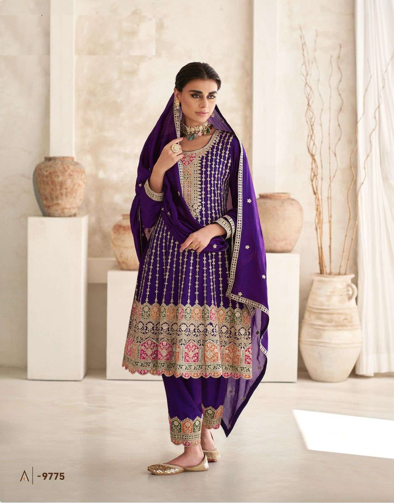 DESIGNER WEDDING PARTY WEAR SILK FANCY PURPLE STRAIGHT INDAIN PAKISTANI SALWAR SUIT AF ROMANI 9775