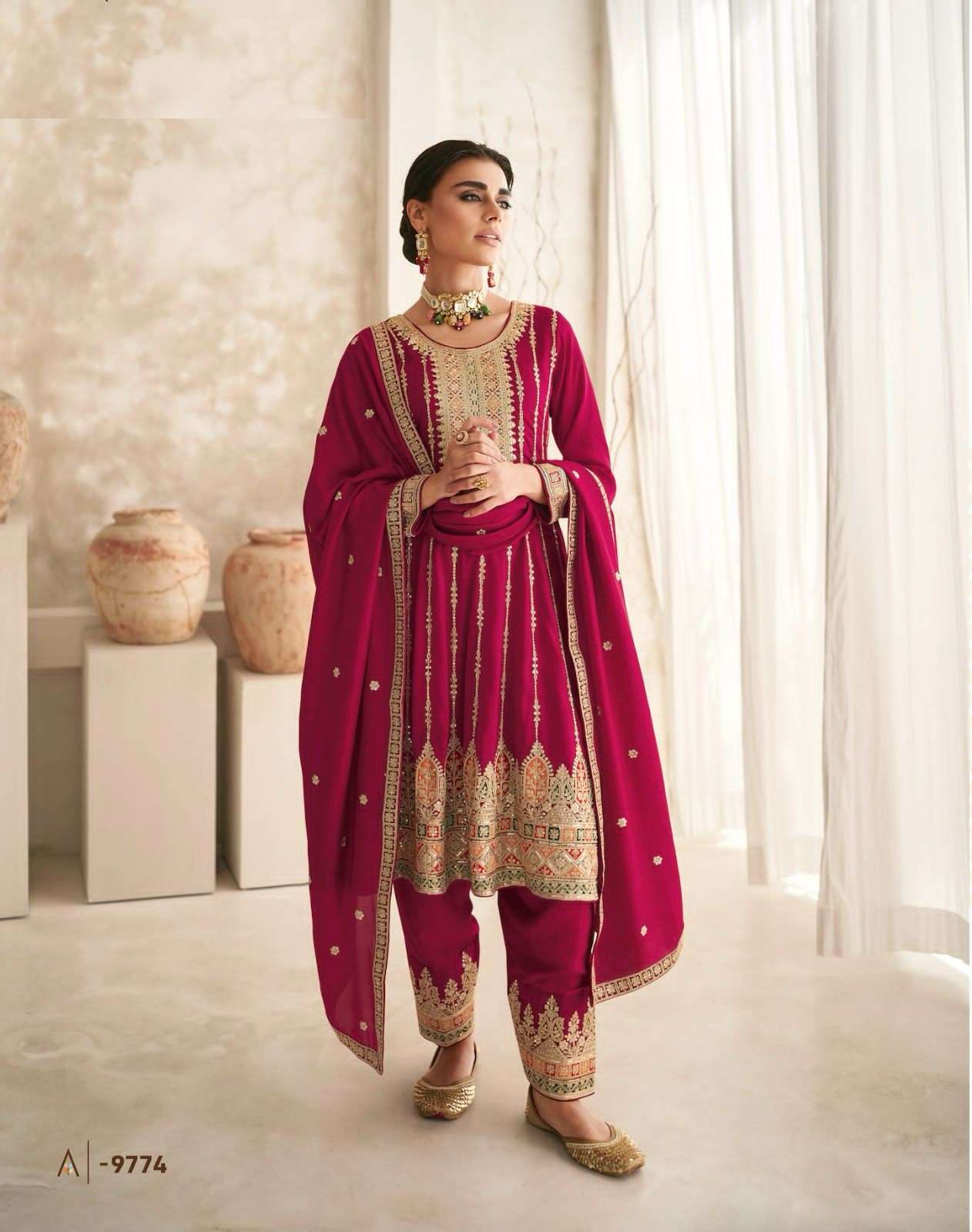 DESIGNER WEDDING PARTY WEAR SILK FANCY RED STRAIGHT INDAIN PAKISTANI SALWAR SUIT AF ROMANI 9774