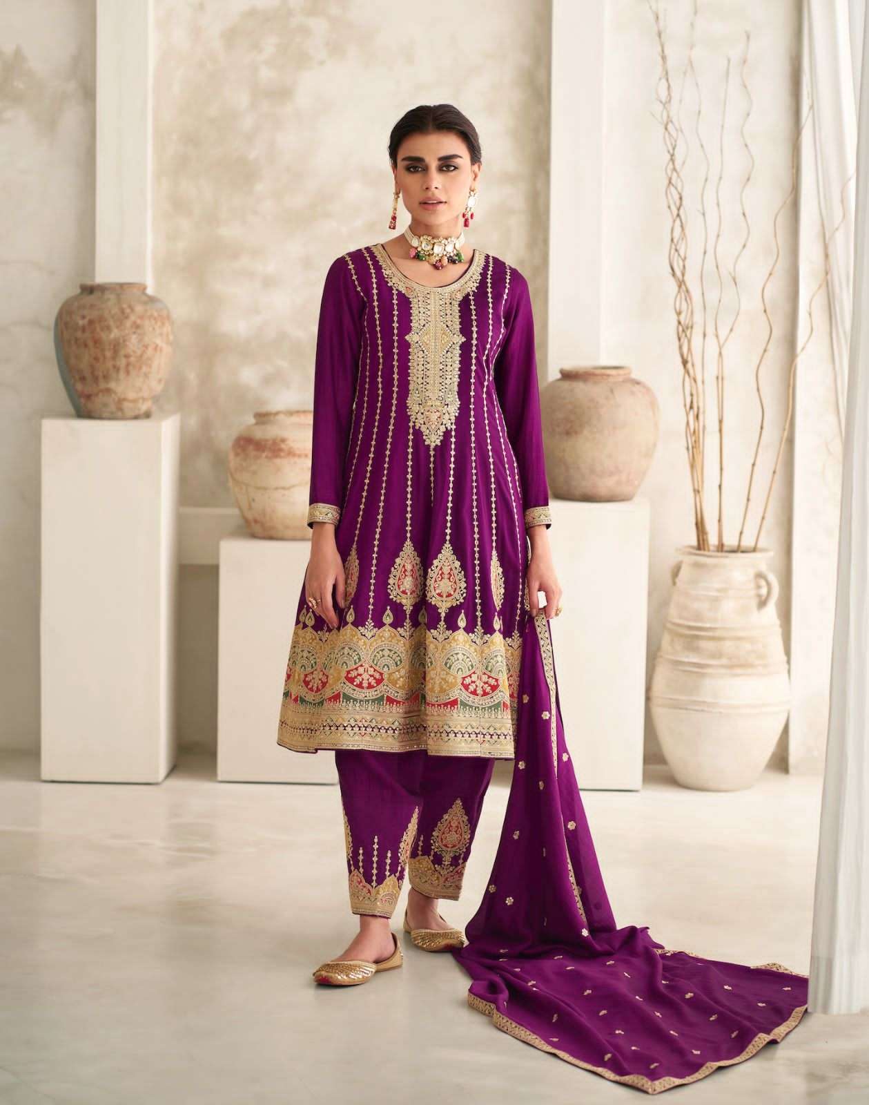 DESIGNER WEDDING PARTY WEAR SILK FANCY WINE STRAIGHT INDAIN PAKISTANI SALWAR SUIT AF ROMANI 9777