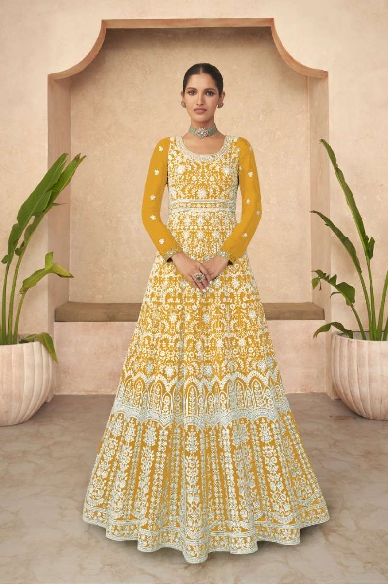 DESIGNER WEDDING PARTY WEAR YELLOW HEAVY FAUX GEORGETTE ANARKALI SALWAR SUIT GOWN WITH DUPATTA CPR 5238 COLOR