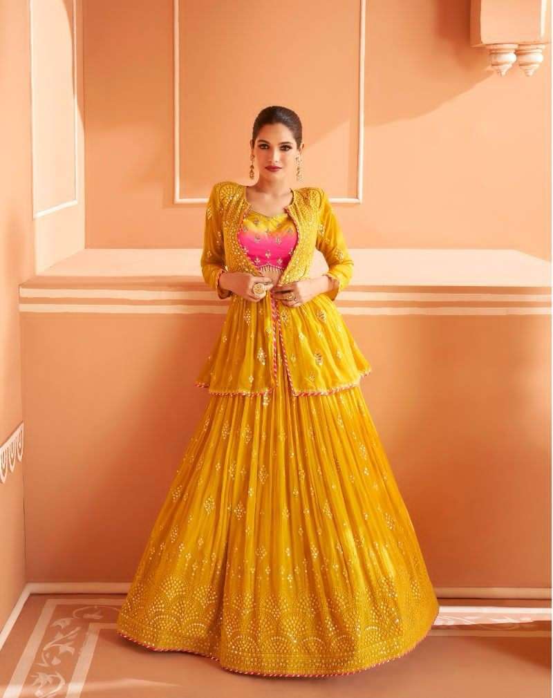 INDIAN BOLLYWOOD DESIGNER PARTY WEAR YELLOW GEORGETTE LEHENGA WITH THREAD SEQUENCE LEHENGA CHOLI AF KALISHTA 5319