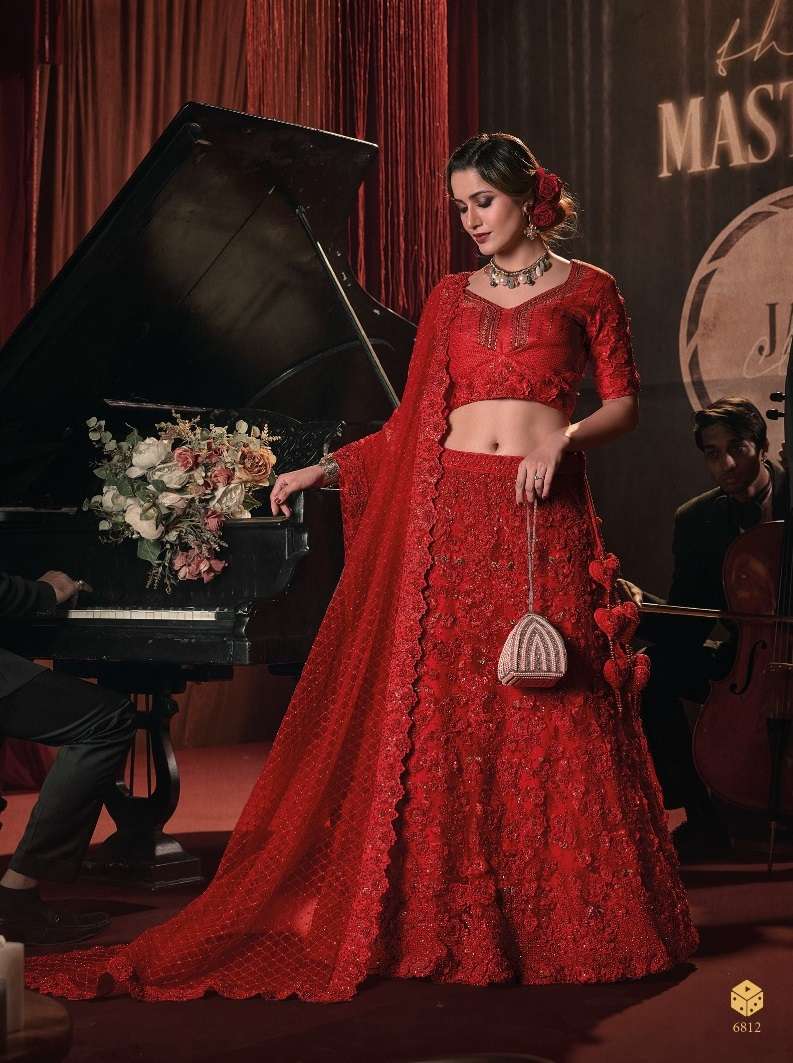 INDIAN BOLLYWOOD WEDDING DESIGNER FANCY WEDDING PARTY WEAR RED NET FABRIC LEHENGA WITH THREAD SEQUENCE MN 6812