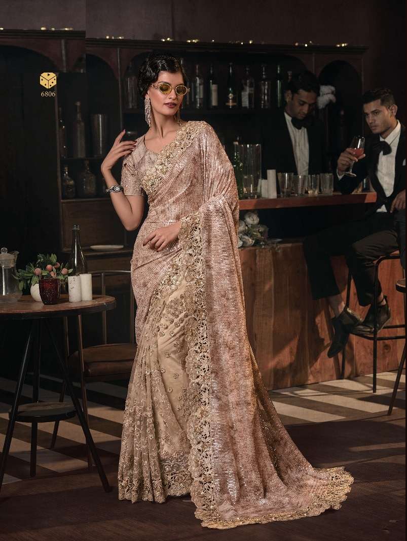 LATEST DESIGNER INDIA WEDDING PARTY WEAR HEAVY NET CHIKU SAREE COLLECTION LIKE BOLLYWOOD MN SAREES 6806