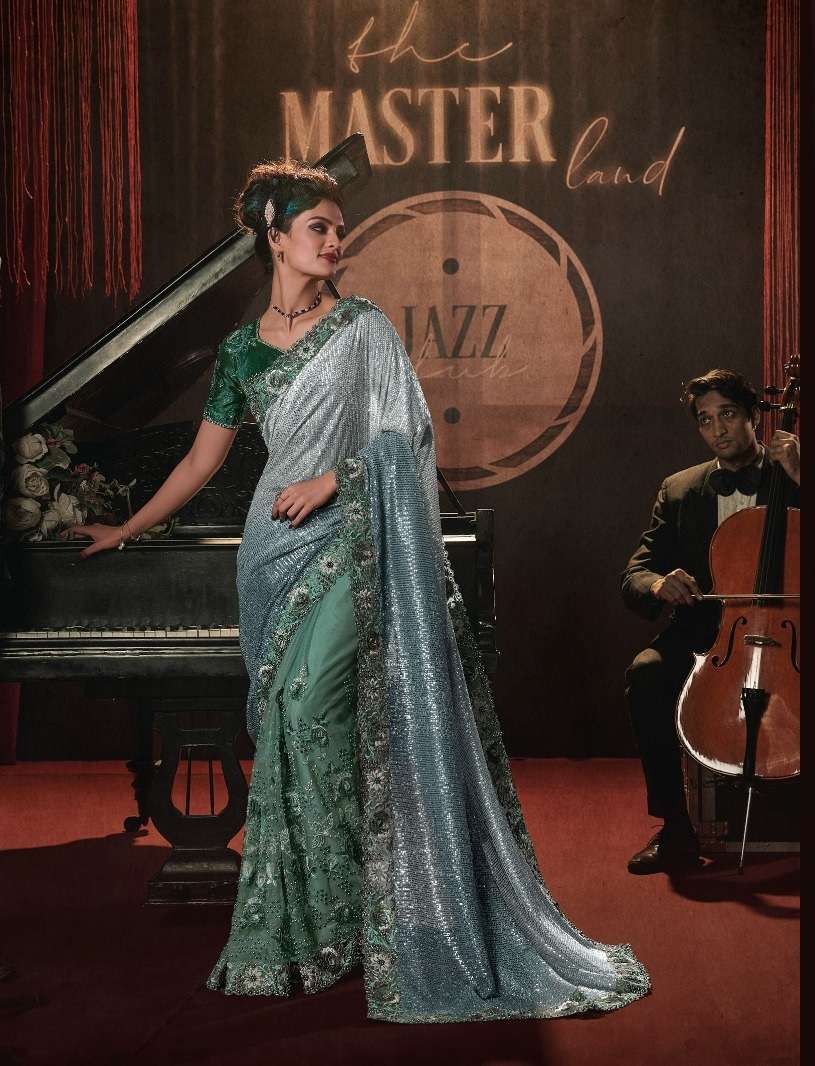 LATEST DESIGNER INDIA WEDDING PARTY WEAR HEAVY NET GREEN SAREE COLLECTION LIKE BOLLYWOOD MN SAREES 6807