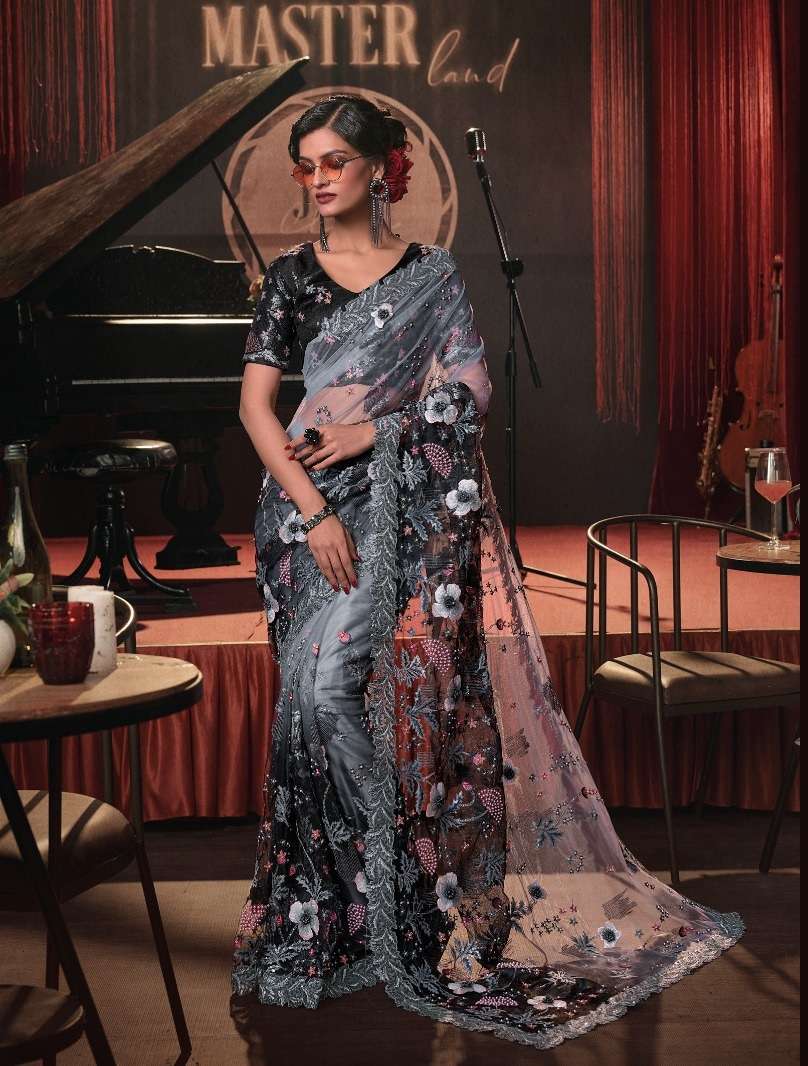 LATEST DESIGNER INDIA WEDDING PARTY WEAR HEAVY NET GREY SAREE COLLECTION LIKE BOLLYWOOD MN SAREES 6808