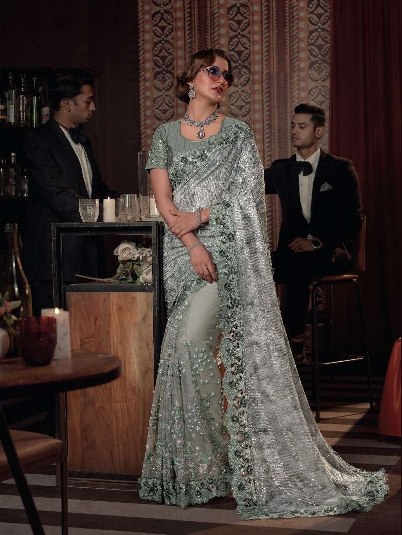 LATEST DESIGNER INDIA WEDDING PARTY WEAR HEAVY NET PISTA SAREE COLLECTION LIKE BOLLYWOOD MN SAREES 6809