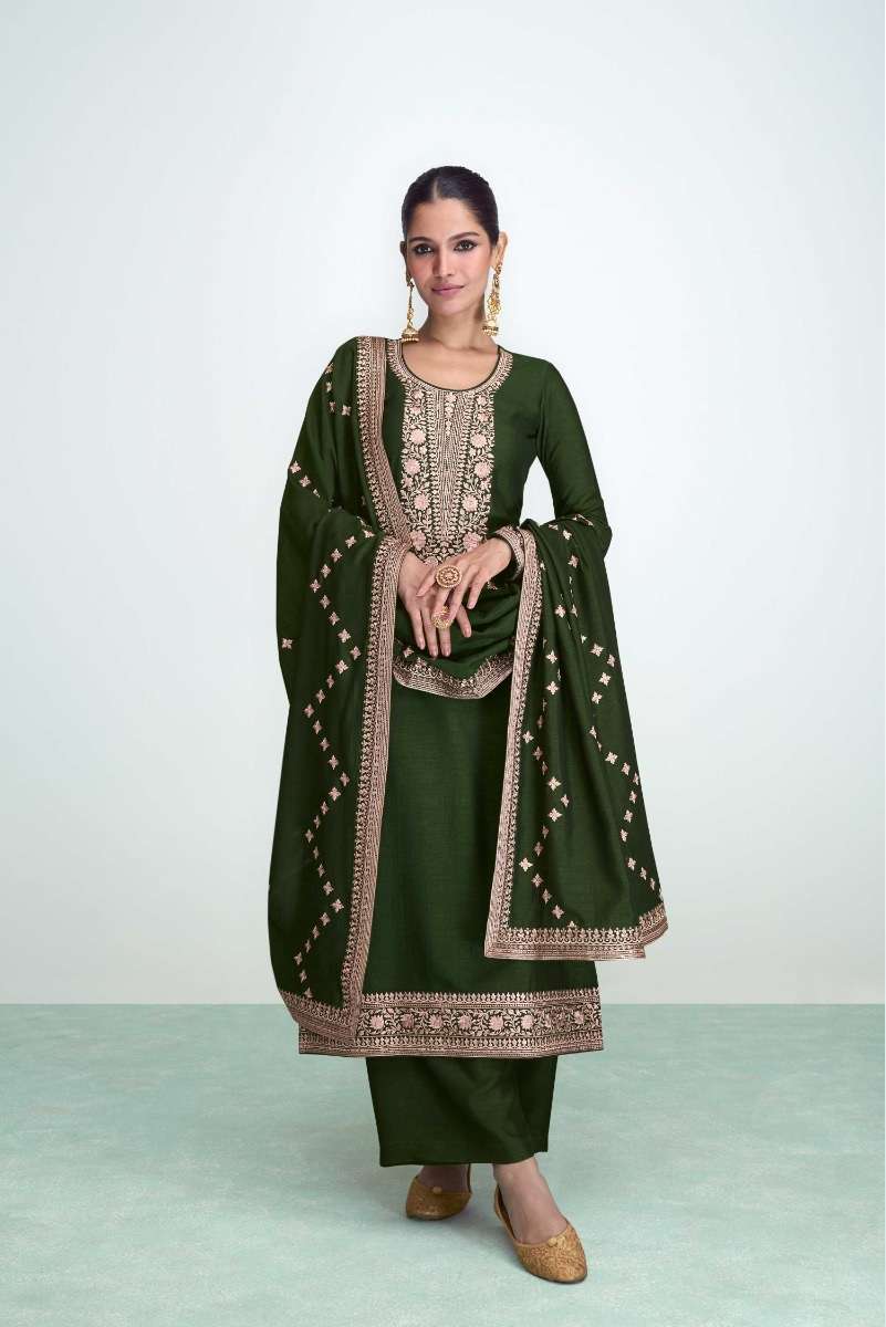 DESIGNER FANCY WEDDING PARTY WEAR GREEN PREMIUM SILK STRAIGHT PAKISTANI SALWAR SUIT AF SYRA 9681