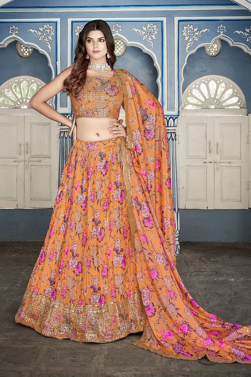 DESIGNER FANCY WEDDING PARTY WEAR INDIAN CHINON SILK ORANGE LEHENGA CHOLI COLLECTION PC 1013