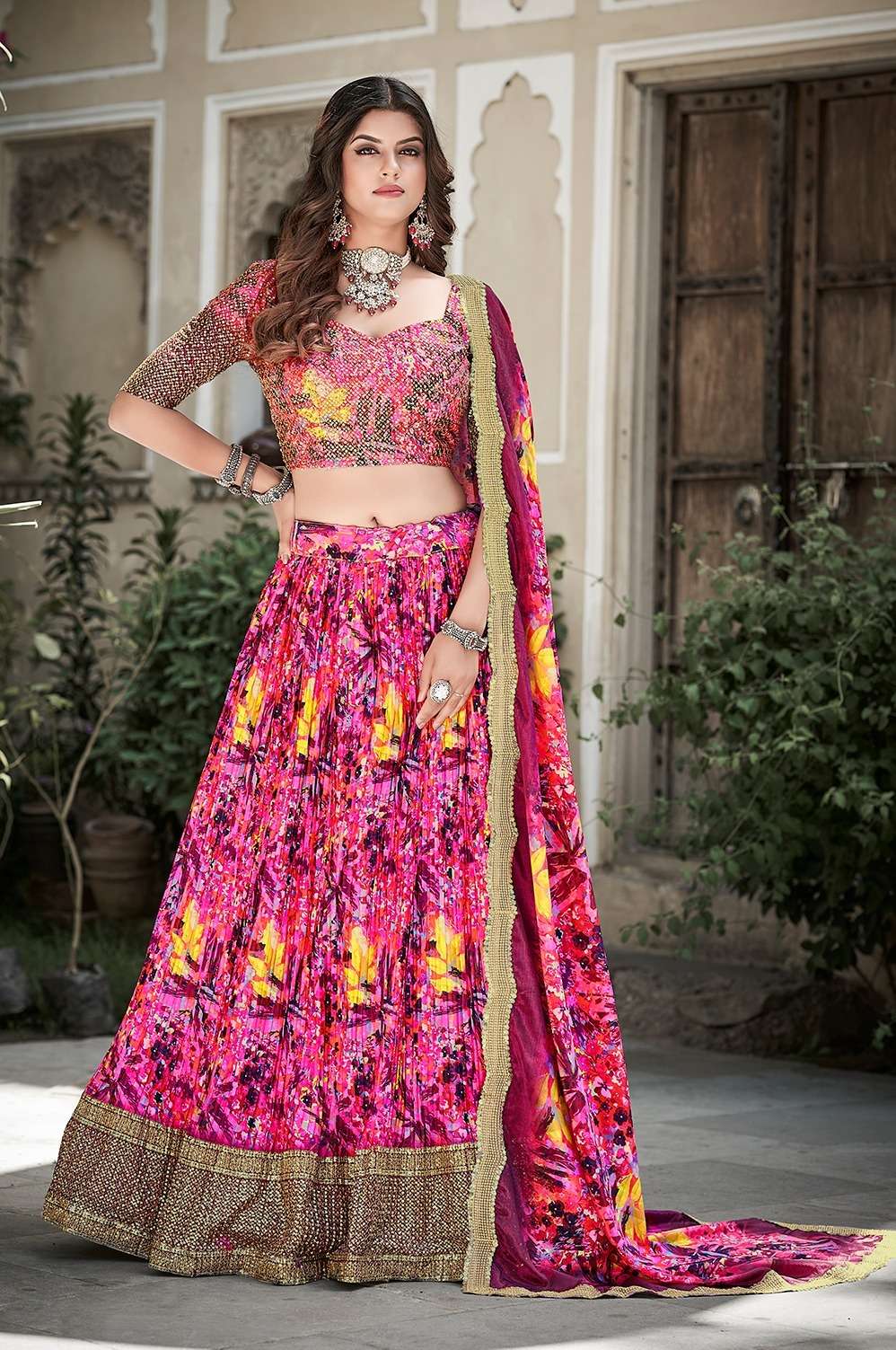 DESIGNER FANCY WEDDING PARTY WEAR INDIAN CHINON SILK PINK LEHENGA CHOLI COLLECTION PC 1013