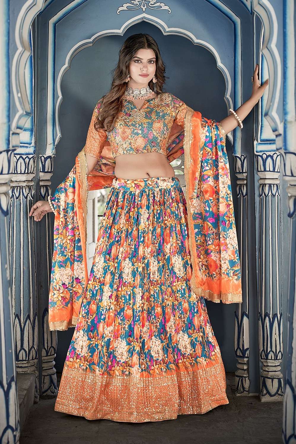 DESIGNER FANCY WEDDING PARTY WEAR INDIAN CHINON SILK SKY BLUE LEHENGA CHOLI COLLECTION PC 1013