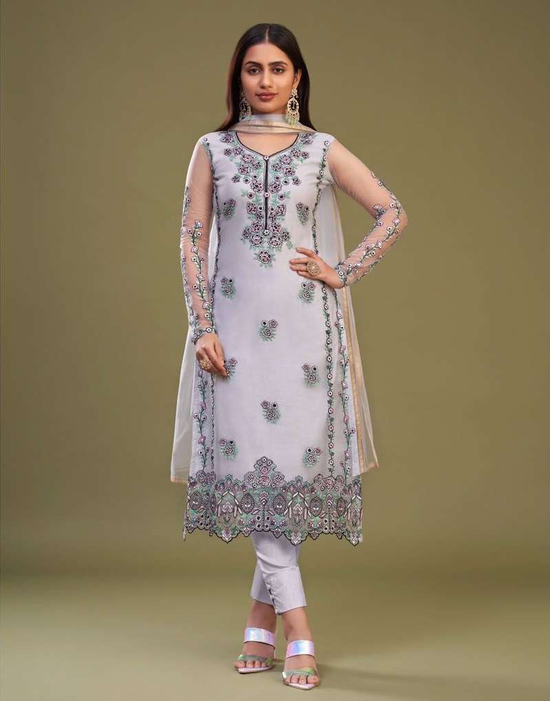 DESIGNER FANCY WEDDING PARTY WEAR LAVENDER HEAVY NET STRAIGHT PAKISTANI SALWAR SUIT ALZ ALMORA 3030