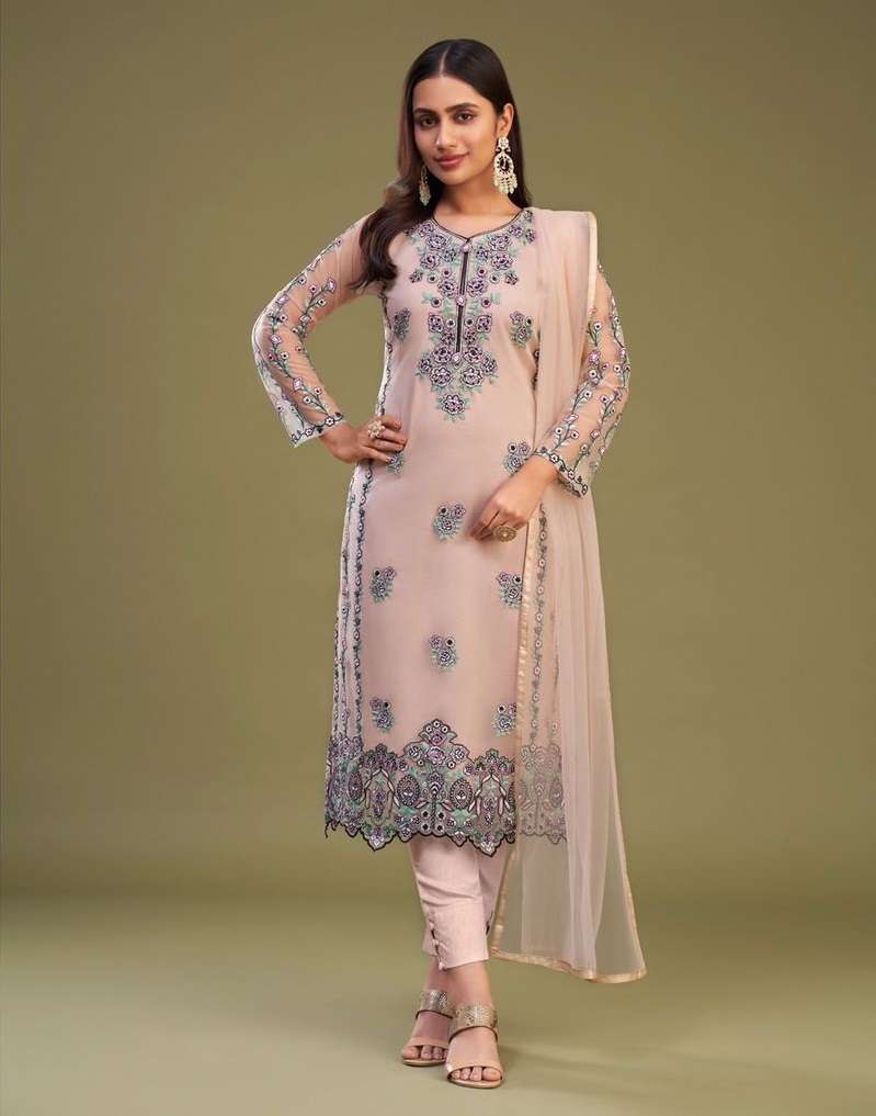 DESIGNER FANCY WEDDING PARTY WEAR PEACE HEAVY NET STRAIGHT PAKISTANI SALWAR SUIT ALZ ALMORA 3031