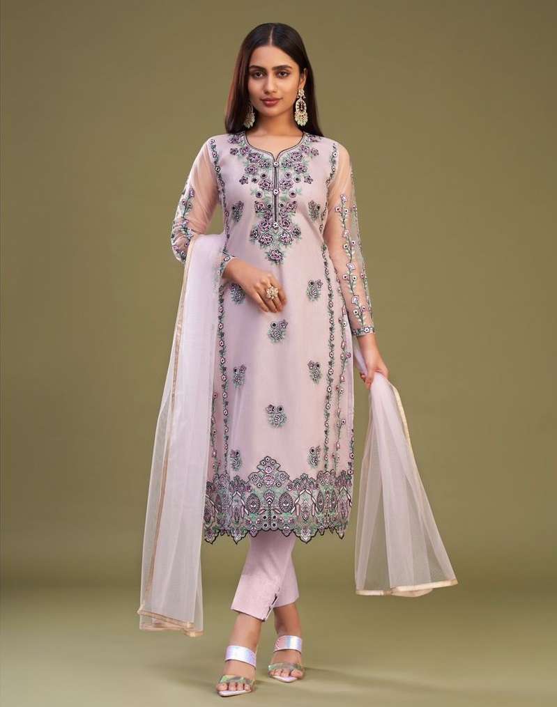 DESIGNER FANCY WEDDING PARTY WEAR PINK HEAVY NET STRAIGHT PAKISTANI SALWAR SUIT ALZ ALMORA 3032