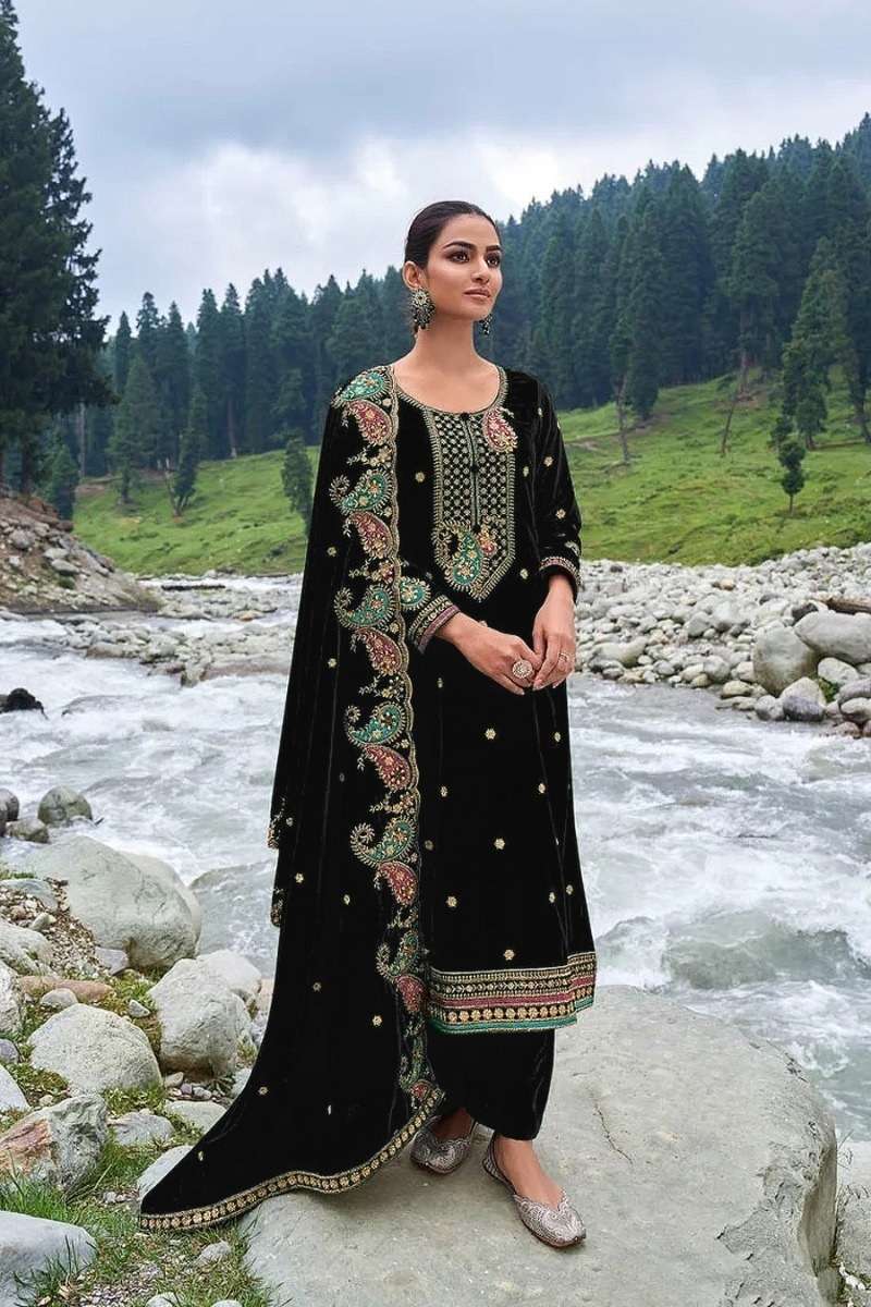 DESIGNER FANCY WEDDING PARTY WEAR PREMIUM BLACK VISCOSE VELVET STRAIGHT SALWAR SUIT CPR 2009