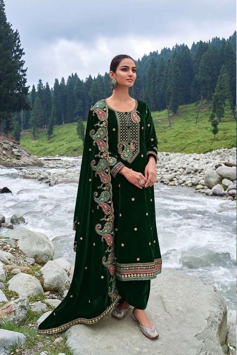 DESIGNER FANCY WEDDING PARTY WEAR PREMIUM GREEN VISCOSE VELVET STRAIGHT SALWAR SUIT CPR 2009