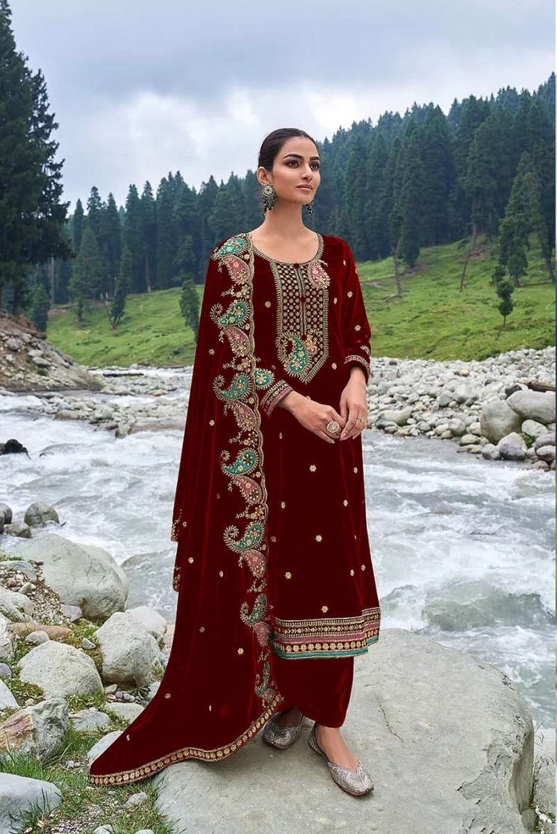 DESIGNER FANCY WEDDING PARTY WEAR PREMIUM RED VISCOSE VELVET PURPLE STRAIGHT SALWAR SUIT CPR 2009