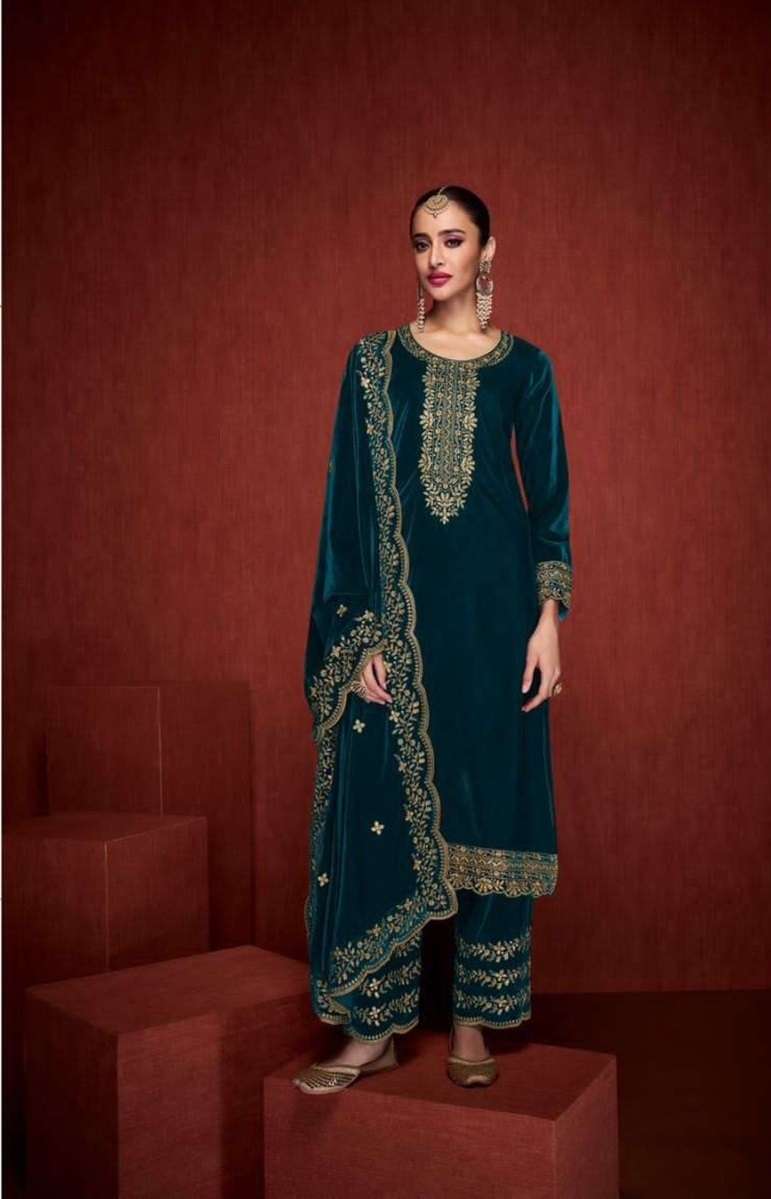 DESIGNER FANCY WEDDING PARTY WEAR PREMIUM VISCOSE TEAL BLUE VELVET STRAIGHT SALWAR SUIT CPR 2012A