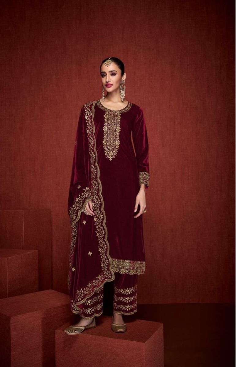 DESIGNER FANCY WEDDING PARTY WEAR PREMIUM VISCOSE RED VELVET STRAIGHT SALWAR SUIT CPR 2012B