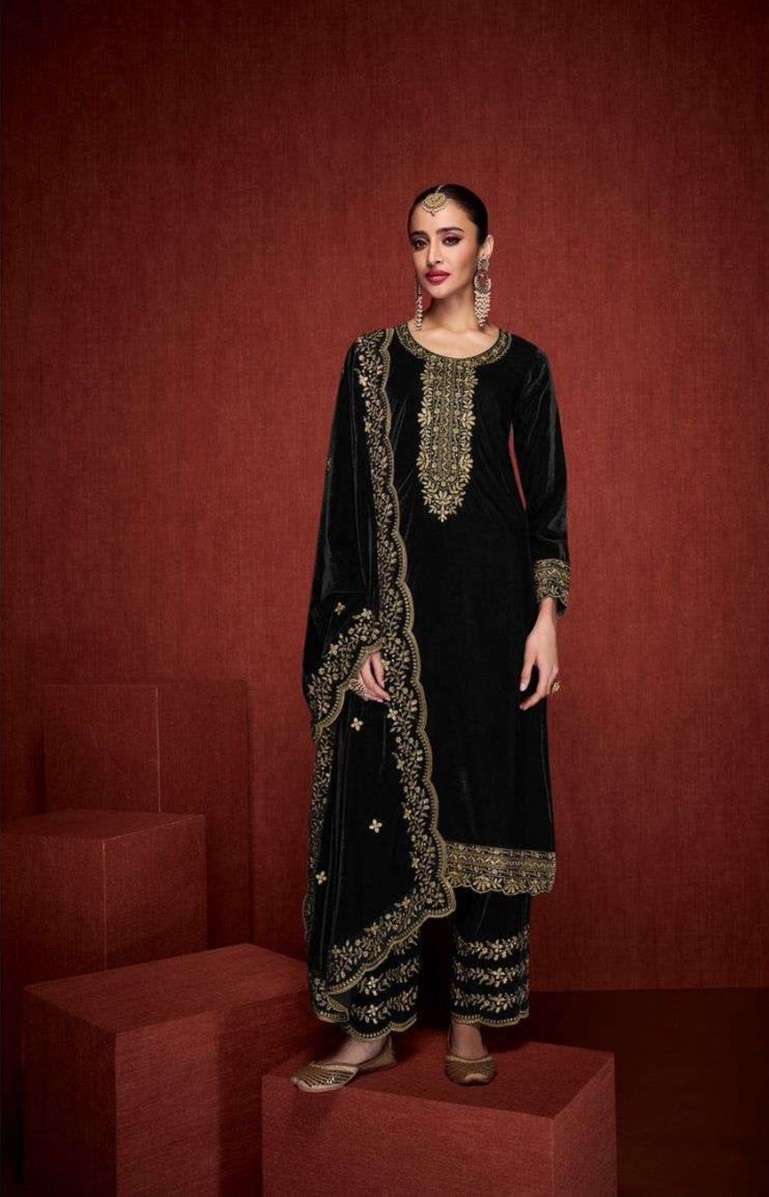 DESIGNER FANCY WEDDING PARTY WEAR PREMIUM VISCOSE VELVET BLACK STRAIGHT SALWAR SUIT CPR 2012C