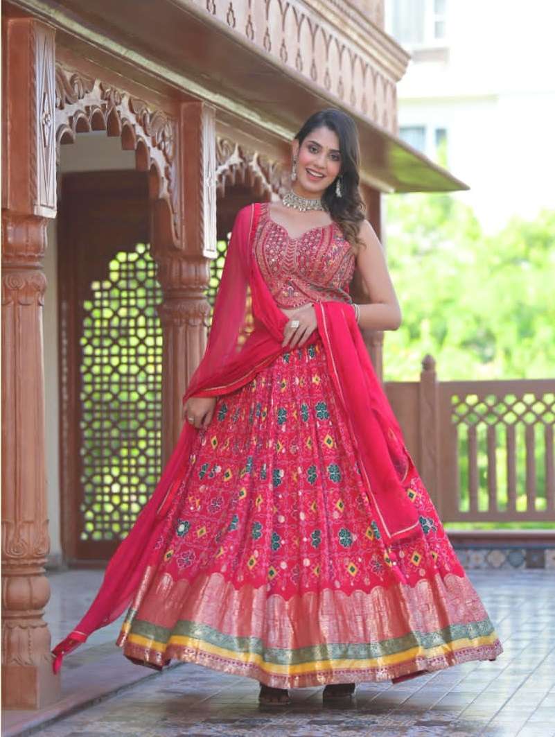 DESIGNER INDIAN BRIDAL WEDDING PARTY WEAR RED PINK SILK LEHENGA CHOLI WITH DST BASANTI 2001