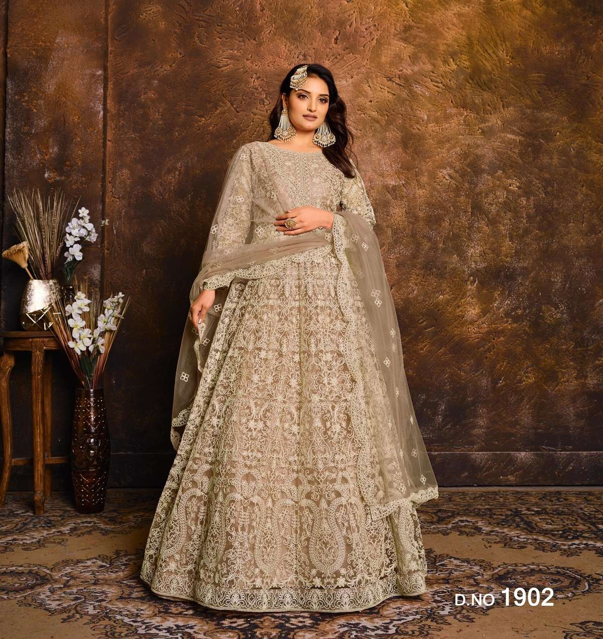 DESIGNER WEDDING PARTY WEAR HEAVY CHIKU NET ANARKALI SALWAR SUIT GOWN WITH DUPATTA ANY 1902