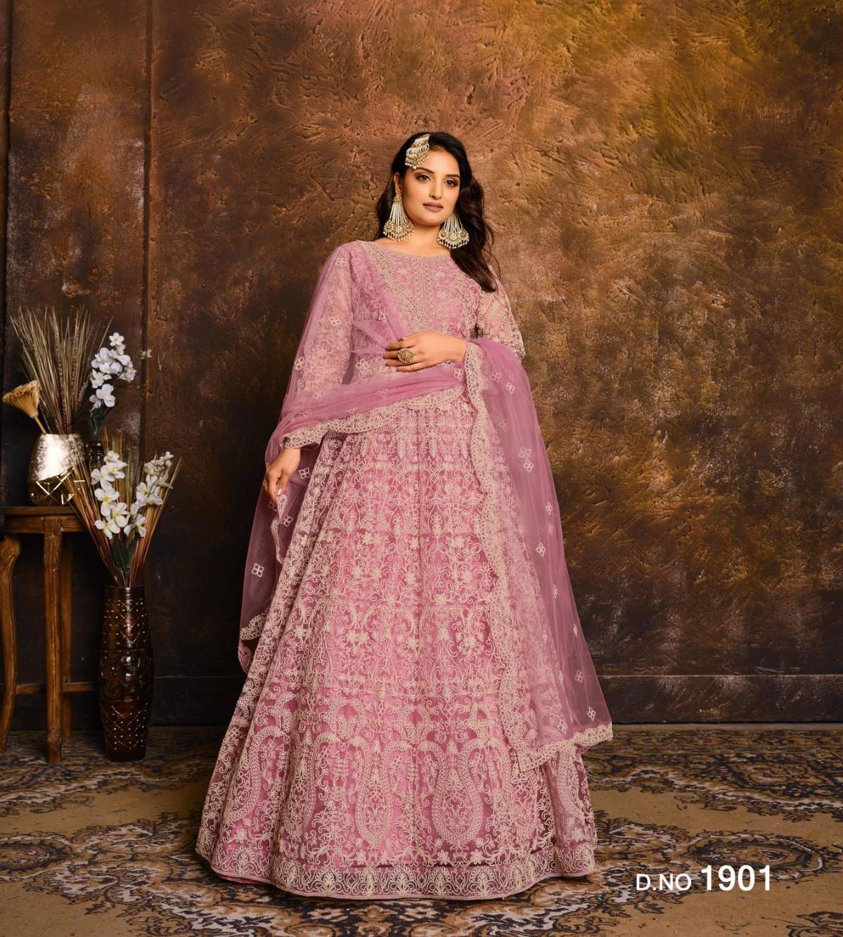 DESIGNER WEDDING PARTY WEAR HEAVY PINK NET ANARKALI SALWAR SUIT GOWN WITH DUPATTA ANY 1901