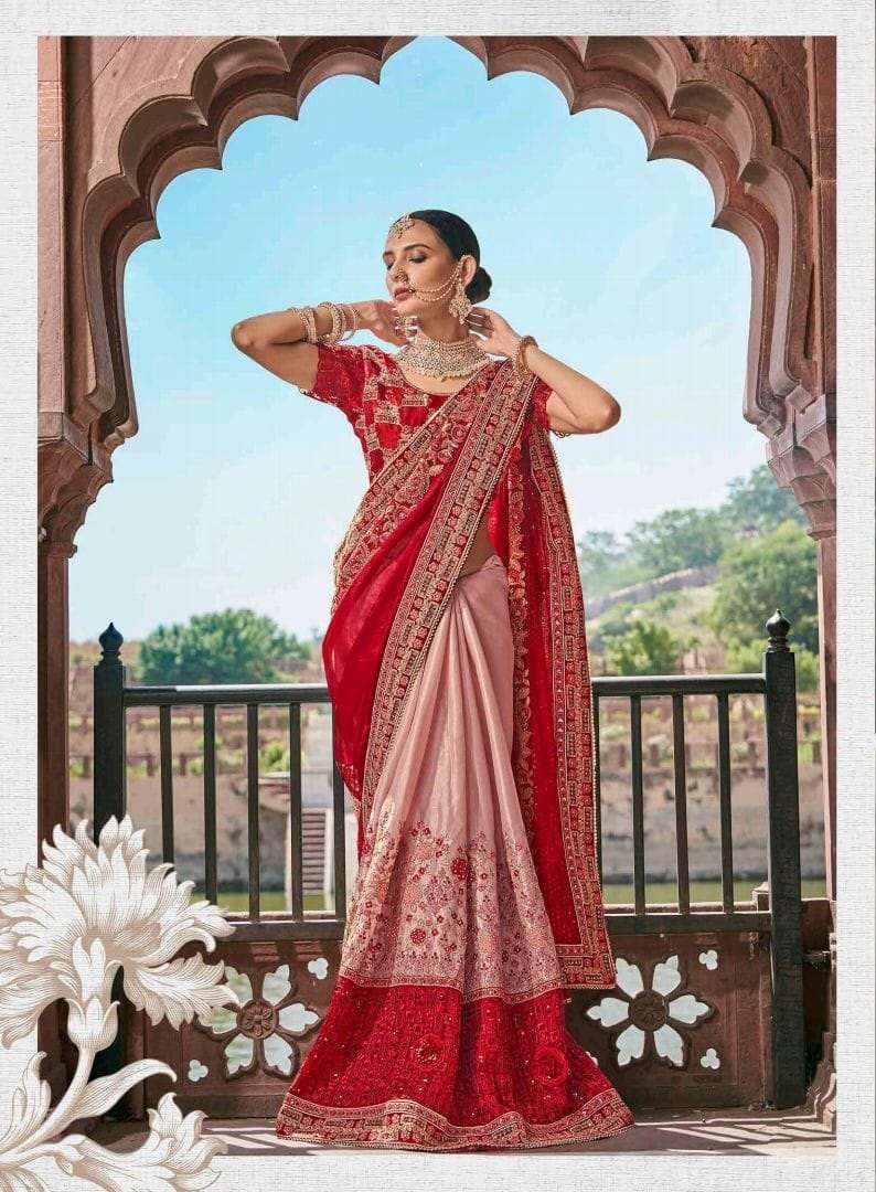 DESIGNER WEDDING PARTY WEAR PINK RED GEORGETTE SAREE EXCLUSIVE COLLECTION SM KALISTA 7035