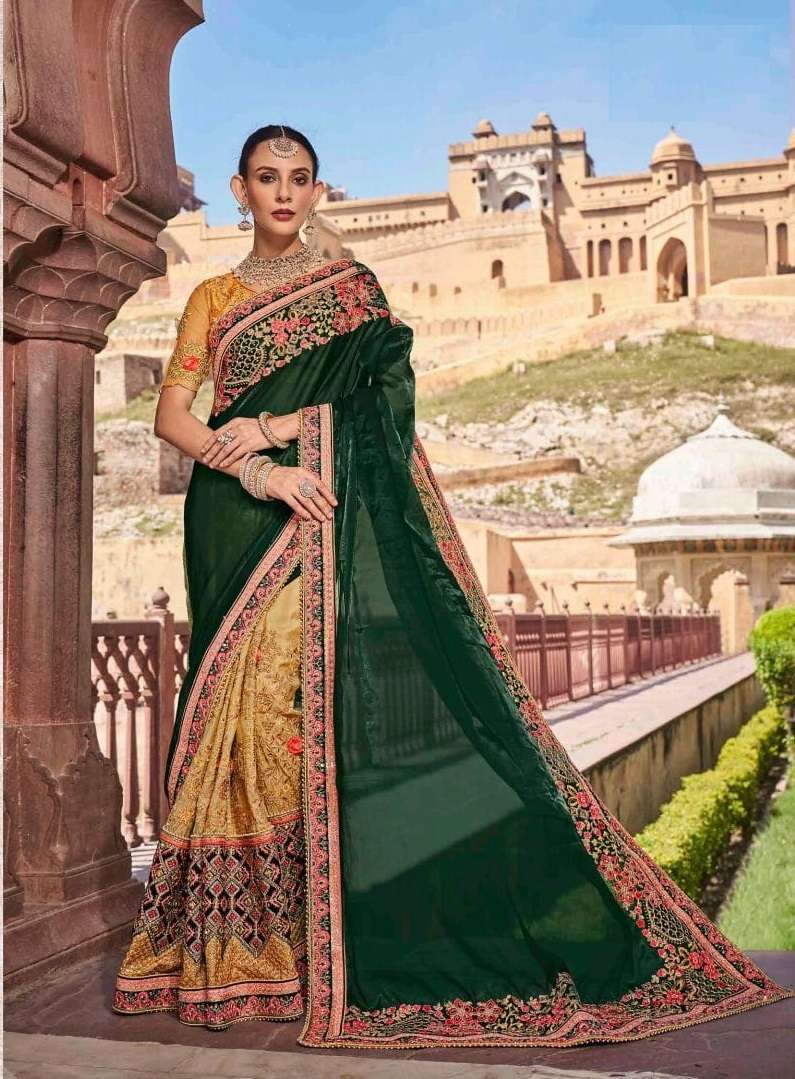 DESIGNER WEDDING PARTY WEAR YELLOW GREEN GEORGETTE SAREE EXCLUSIVE COLLECTION SM KALISTA 7034